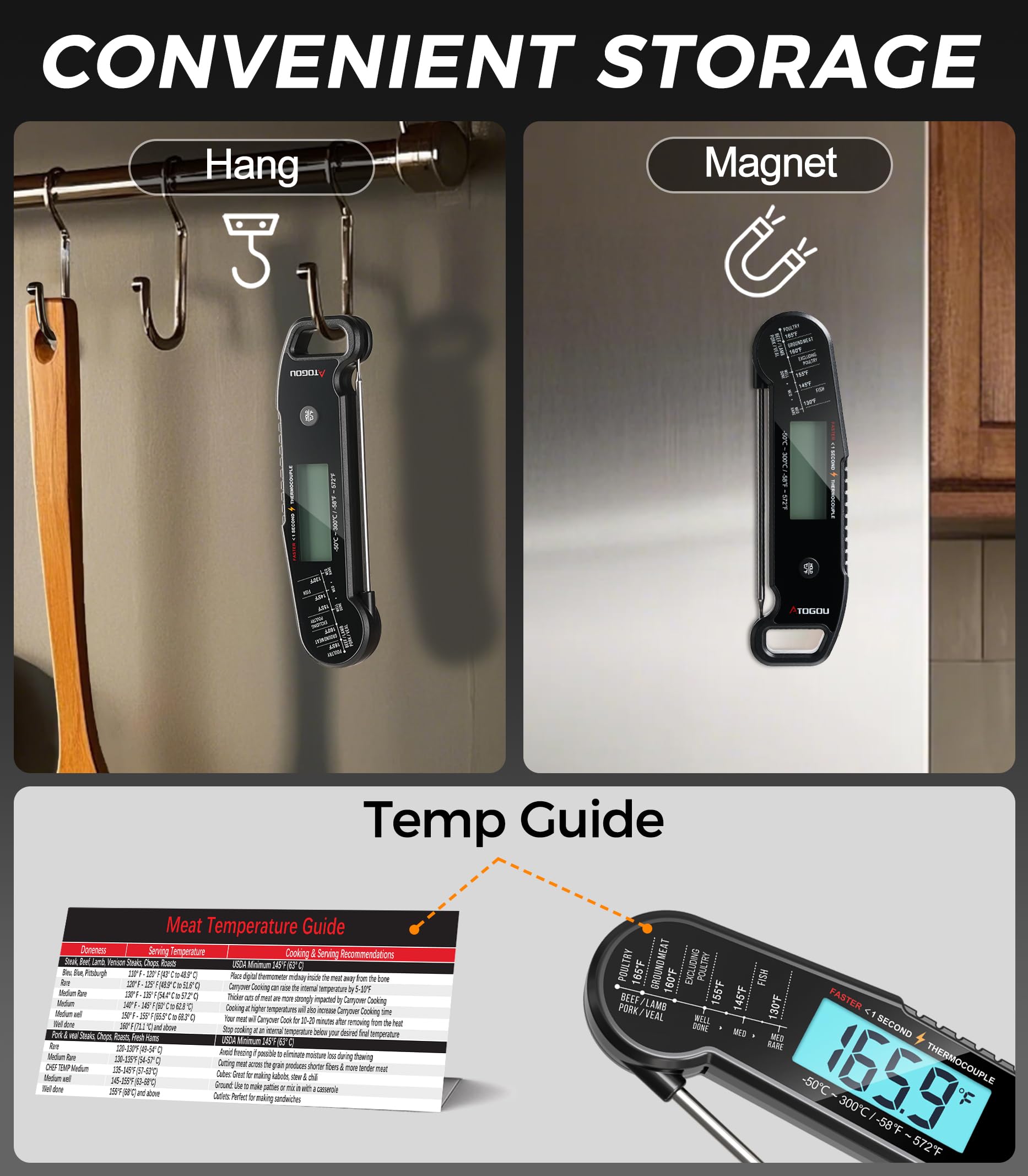 Termómetro profesional para alimentos y carne, lectura instantánea de 1 segundo y precisión de ±0.-15.0 °C impulsado por sensor de termopar. Termómetro digital impermeable IP67 para cocinar, barbacoa