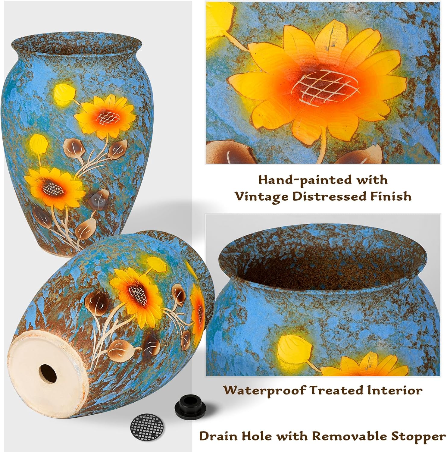 12 Inch Ceramic Flower Vase with Drainage Hole, Decorative Vase for Indoor & Outdoor Use, Available in Blue & Rust Color, Includes Rubber Stopper & Mesh Pad