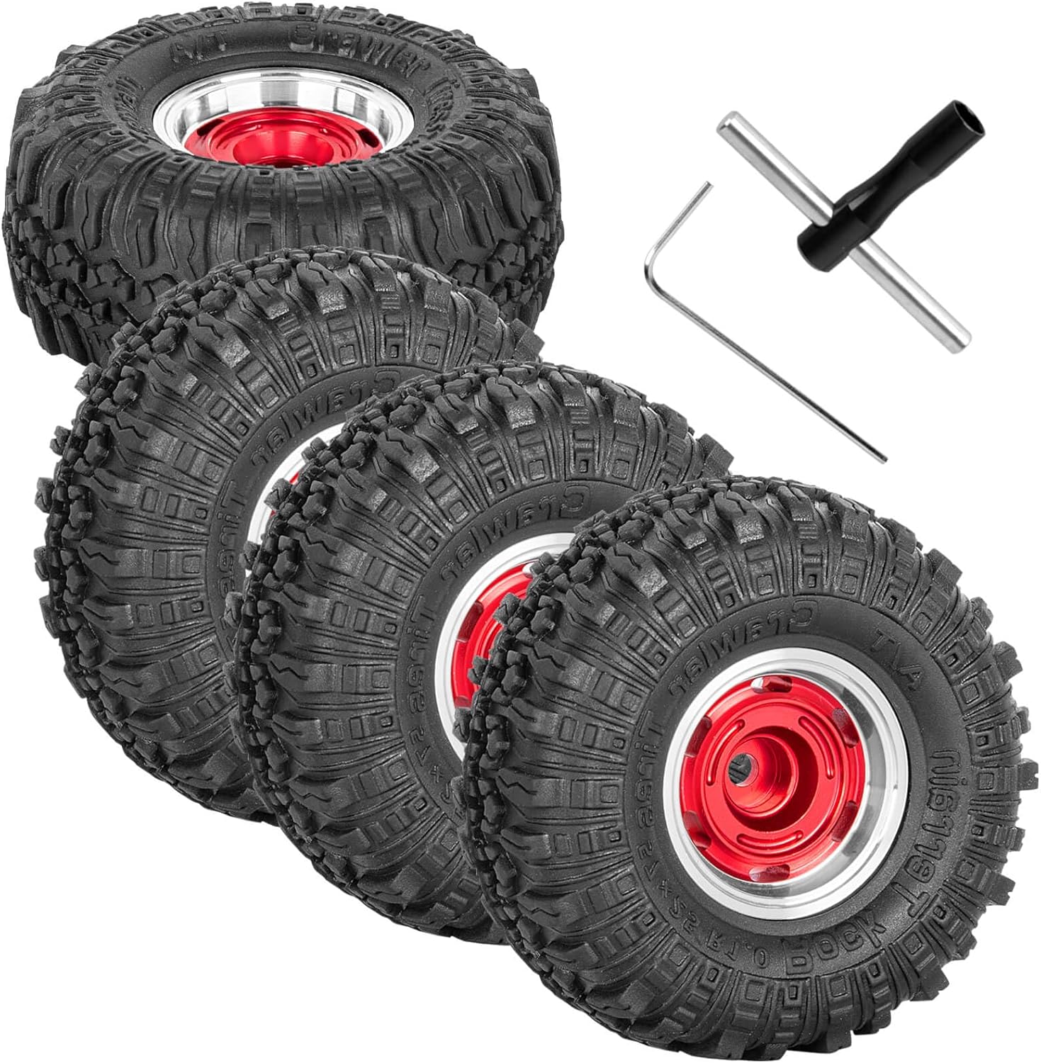 RC 1.0 Beadlock Wheel Tires Set Aluminium Alloy Wheel Tires&Wheels Rims for 1/24 1/18 SCX24 Trx4m RC Crawler Car,RC Wheels and Tires,4PCS（Red