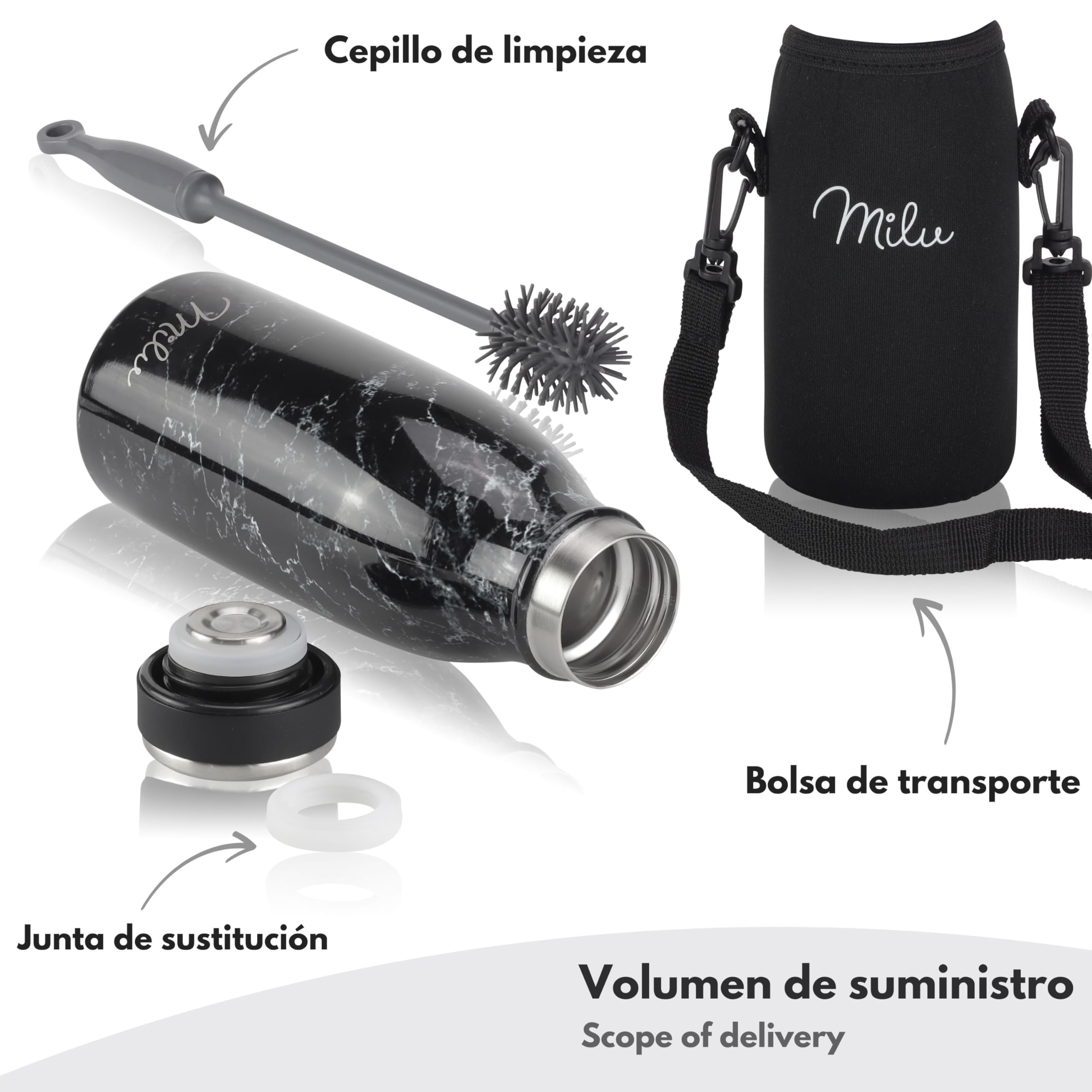 Milu Botella de acero inoxidable de 350ml 500ml 750 ml 1 L 1,5 L botella de agua aislada, termo a prueba de fugas, doble pared, apta para ácido carbónico + cepillo de limpieza (Azul Violeta, 350ml) — view 120