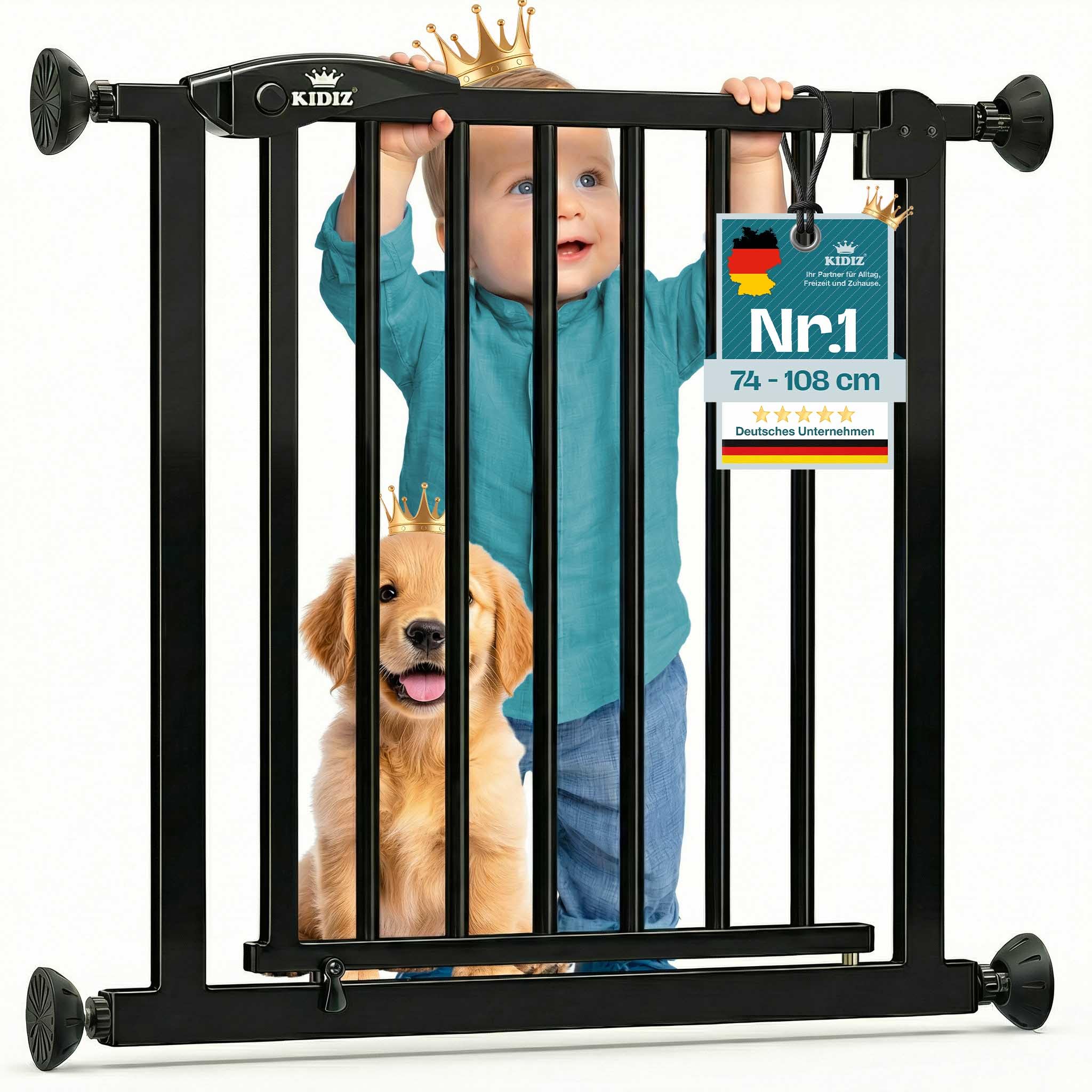 KIDIZ Treppenschutzgitter ohne Bohren | Verstellbare Breite: 88-94 cm, 75 cm hoch, Türschutzgitter und Absperrgitter für Kinder und Hunde, Beidseitige Einhand Öffnung, 90° Open-Stop System, Schwarz