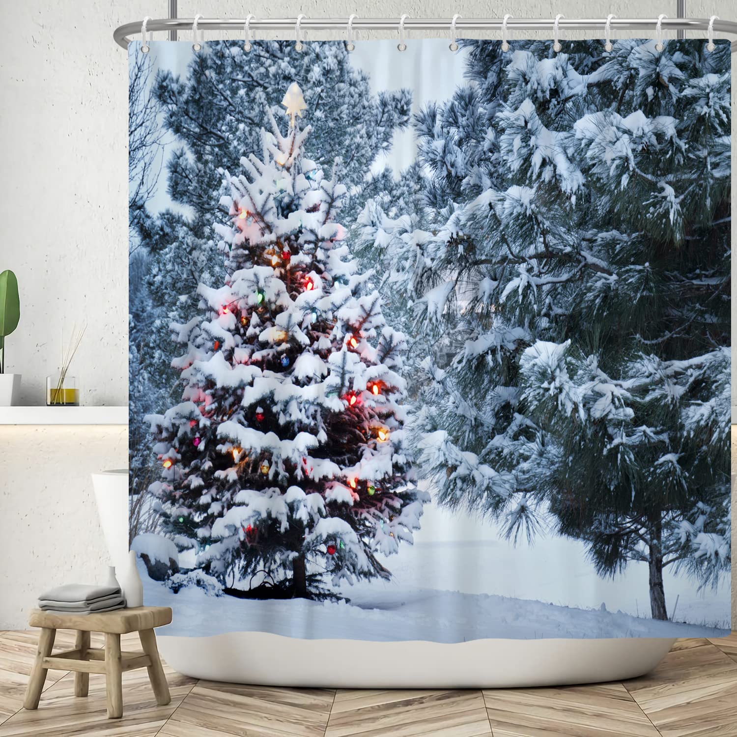 Bovlleetd 72x74inch Winter Snow Shower Curtain Hanging Lantern Christmas Tree Bathroom Curtain 3D Pine Forest Shower Curtains Waterproof Bath Curtain with Hook for Bathroom Decoration