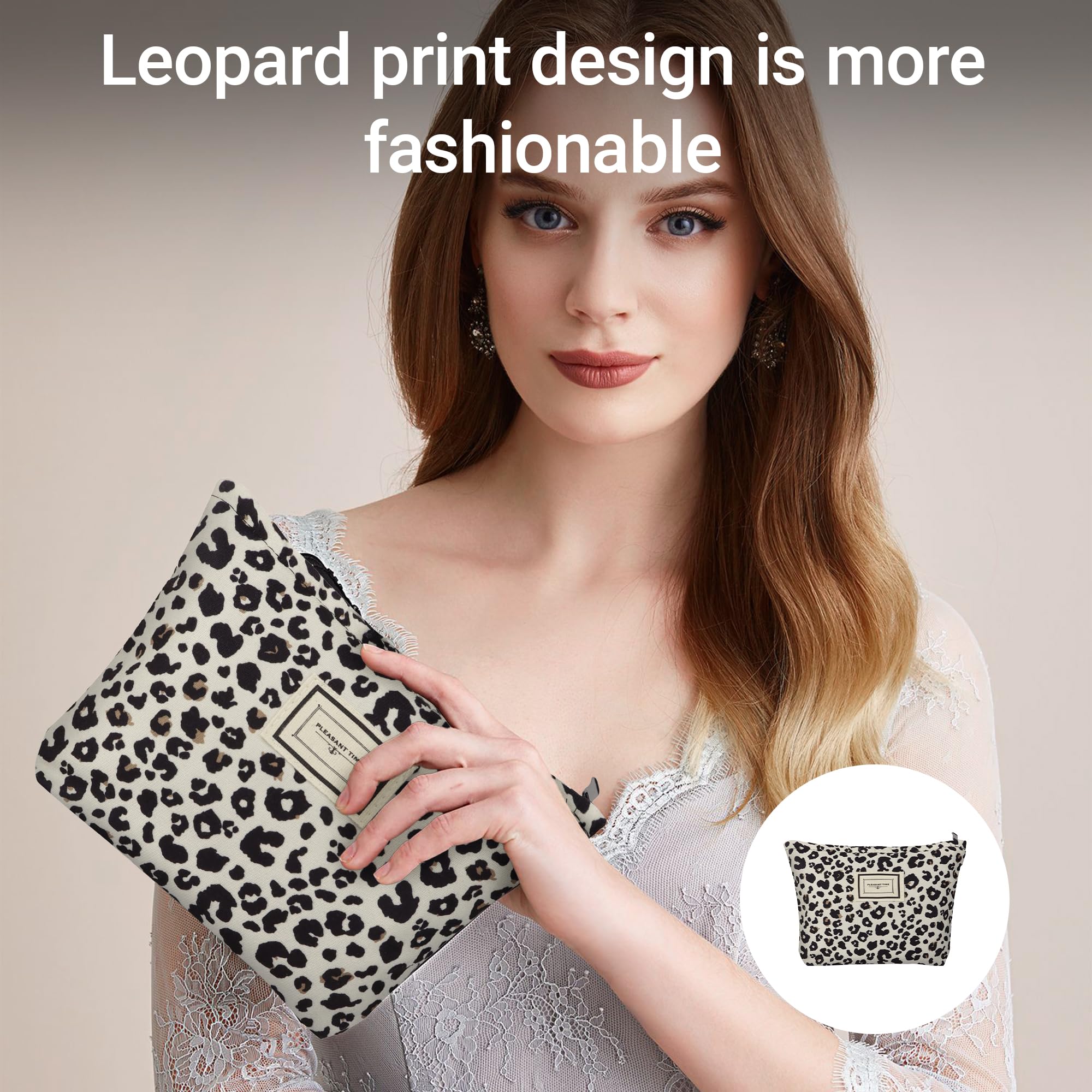 1Pc Leopard Print Makeup Bag Soft to Touch Canvas Cosmetic Pouch Easy to Carry Waterproof Travel Toiletry Organizer with Zipper for Women Girls 20x25cm - Image 4