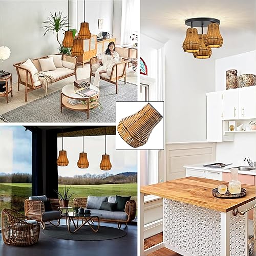 Miniatura 5 de Juego de 3 pantallas de ratán, para luces de techo, apliques de pared, colgante tejido bohemio de ratán de repuesto para sala de estar, cocina,