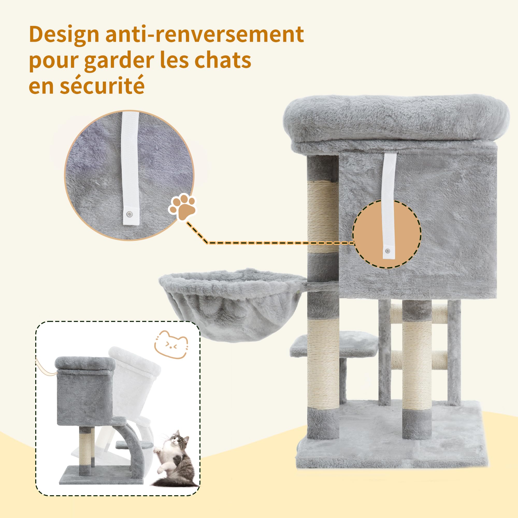 Heybly Arbre à Chat, Petit Griffoir pour Chat de 75 cm de Hauteur avec Plateforme Supérieure, Tanière, Hamac, Échelle d'escalade, Jouets Félins, Meuble pour Chats, Gris Clair HCT009SW