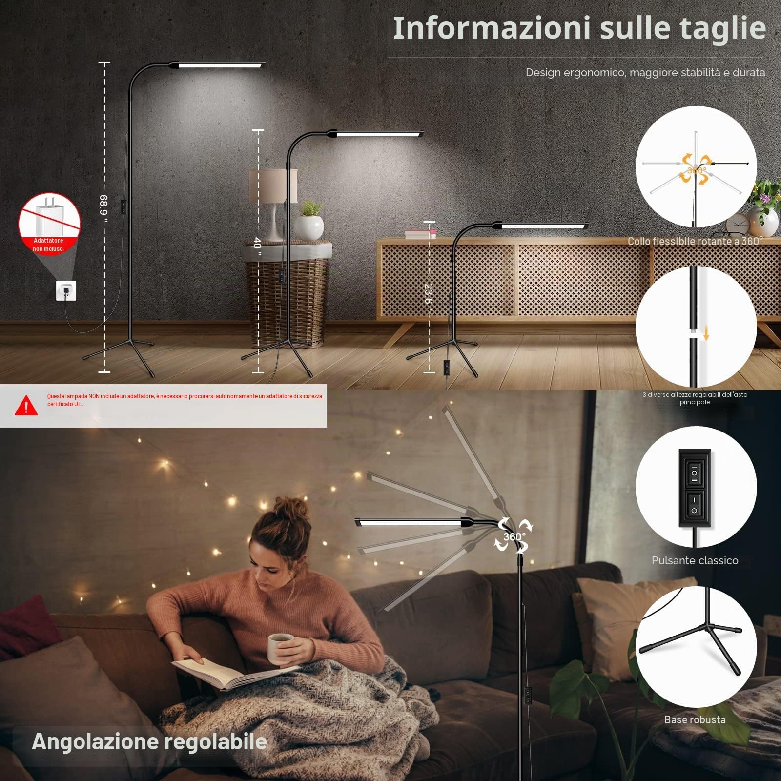 Lampada da terra a LED per soggiorno, lampada per ciglia per estensioni delle ciglia, lampada da lettura a piedi, lampada da lettura a temperatura di colore personalizzata, lampada (x7-USB-U)
