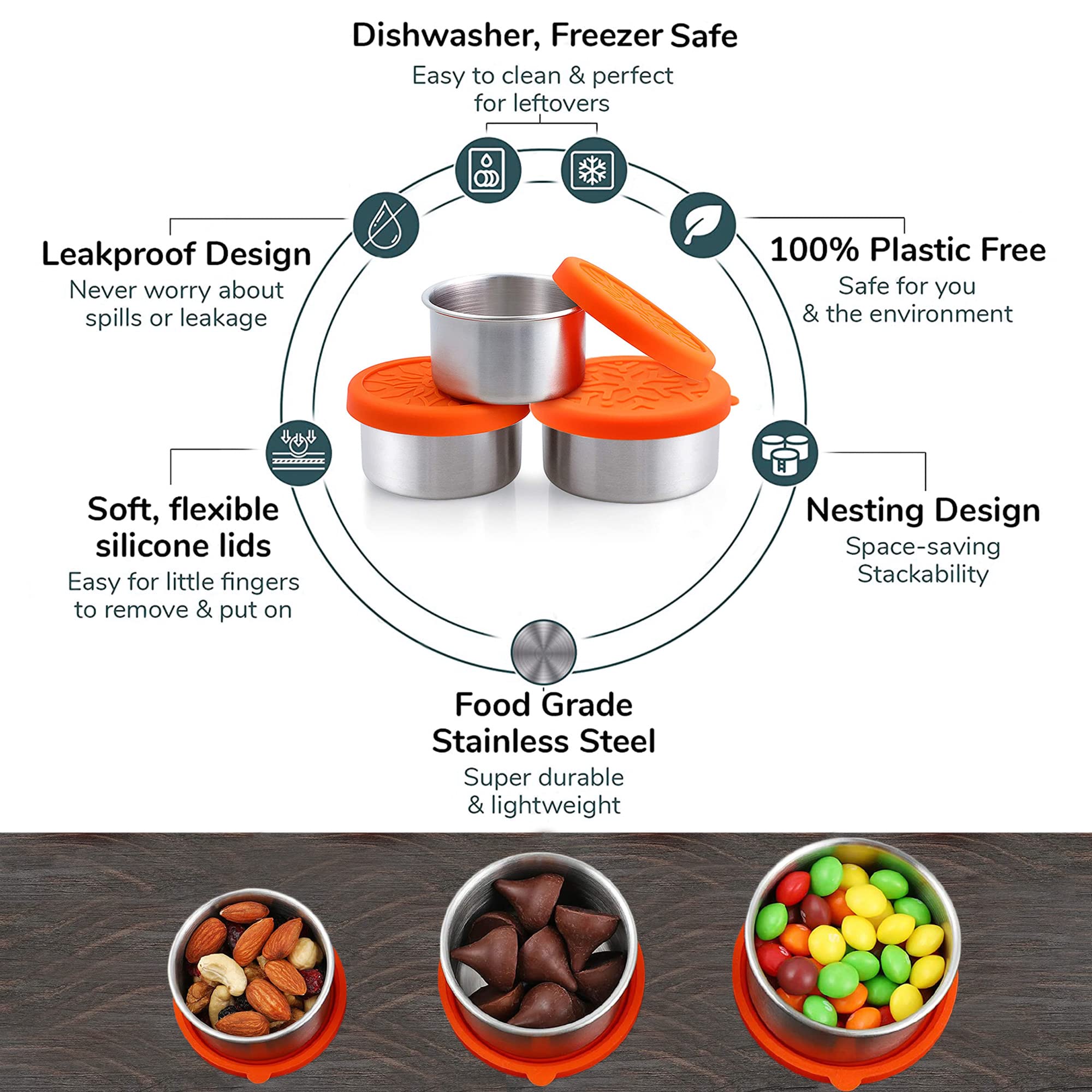 Nicelock 3 Petits Récipients Conservation Alimentaire Acier Inox 220ml - Couvercles Silicone