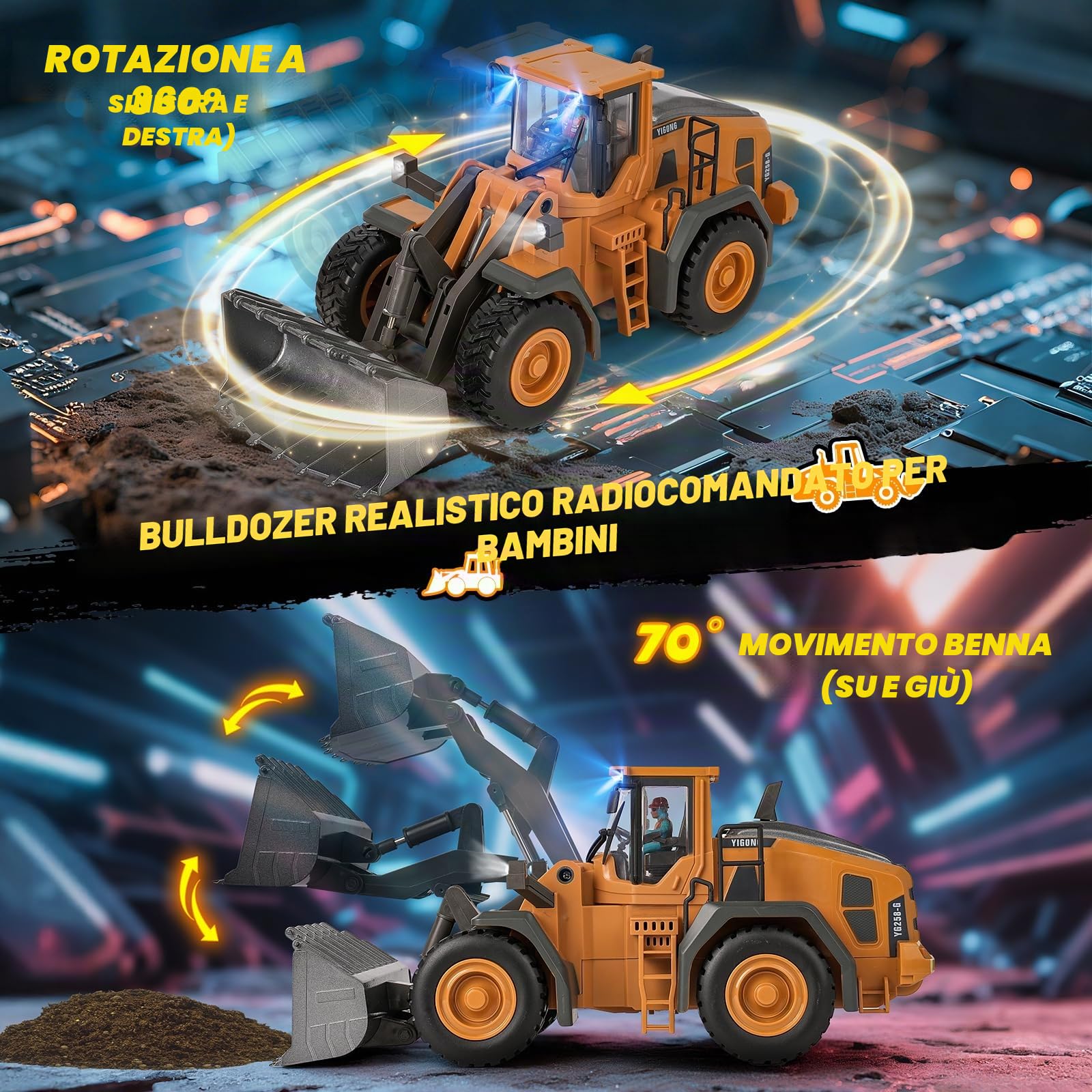 maysida Escavatore giocattolo con telecomando, bulldozer con luci e suoni per bambini dai 3 ai 12 anni, escavatore RC da 2,4 GHz con pala in metallo, veicolo da costruzione, regalo di compleanno