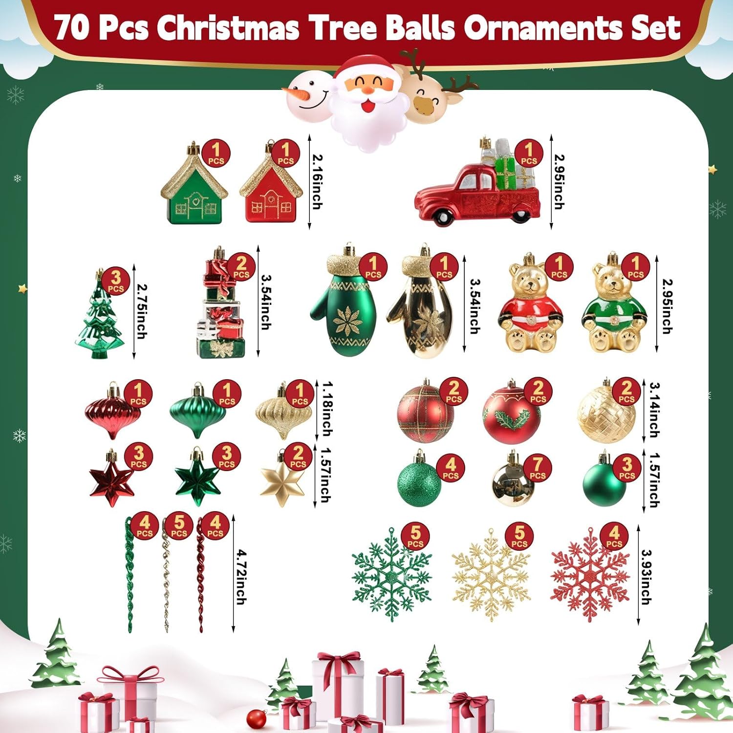 70 Pcs Christmas Ball Ornaments Assorted Shatterproof Hanging Decor for Christmas Tree Decorative Vintage Traditional Ornaments Bulk Holiday Party Decorations (Red,Green,Vintage)