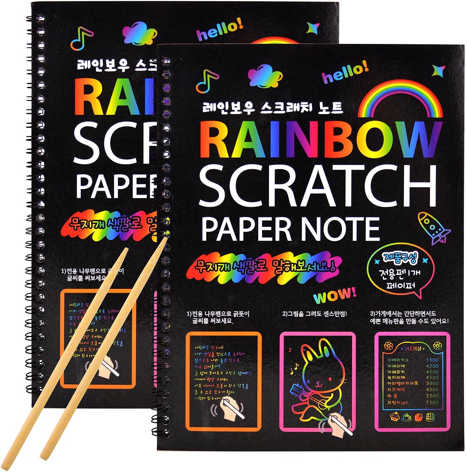 MEMX Scratch Art Books for Kids, 2 Pack Rainbow Magic Scratch Paper Black Scratch it Off Art Crafts Notes Boards Sheet with 2 Wooden Stylus for Best Gifts