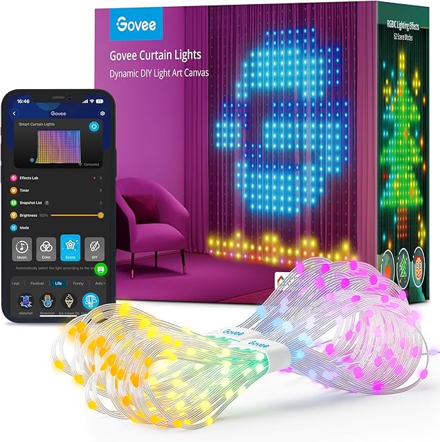Govee Curtain Lights, 520 RGBIC LEDs Lights, Smart WiFi LED Curtain Lights Outdoor, Dynamic DIY Lights, IP65 Waterproof, Colour Changing Curtain String Lights for Backdrop Bedroom (1.5×2m)
