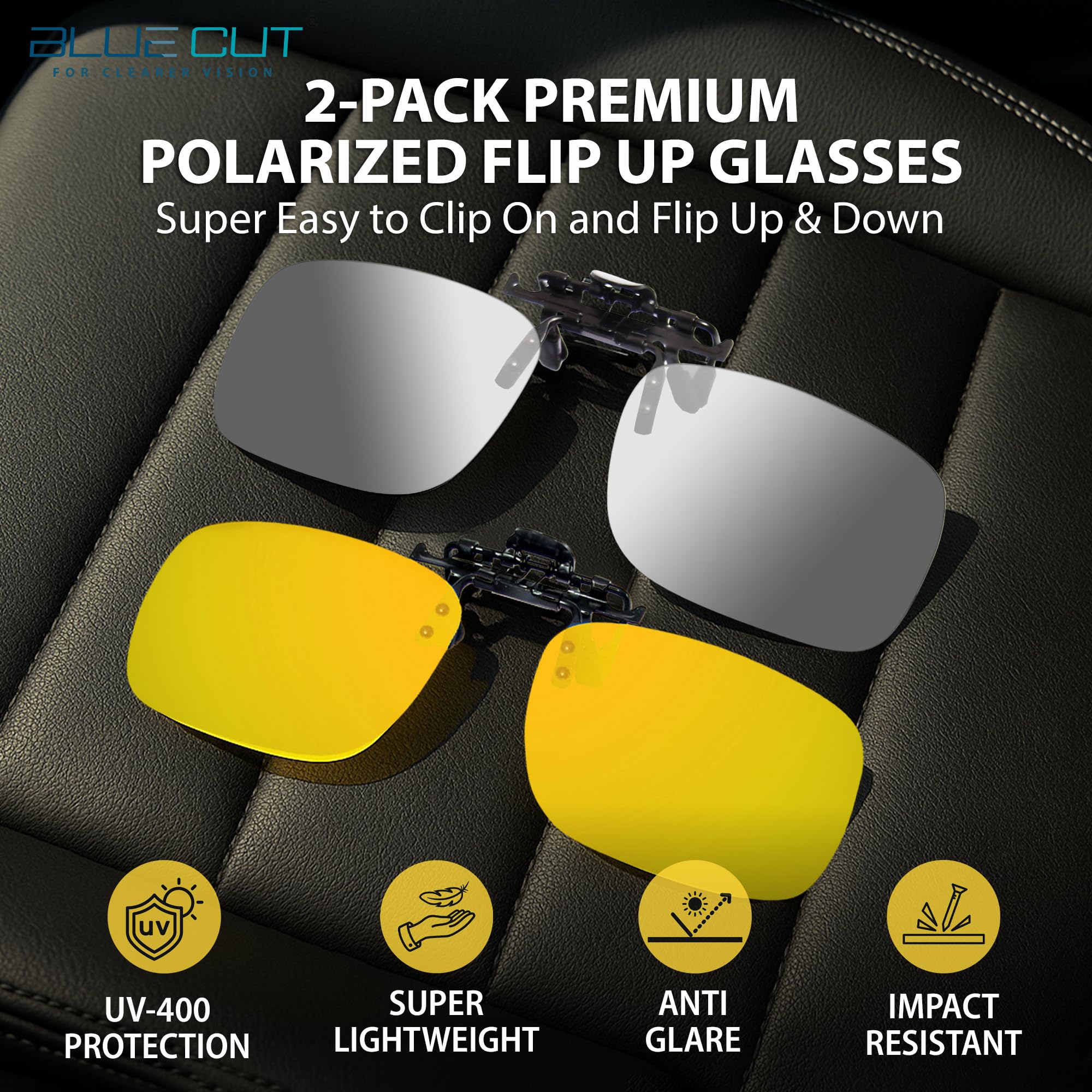 BLUE CUT Polarisierte Nachtsichtbrille mit Clip UV-400 Flip Up Sonnenbrille zum Tragen über Brille für Nachtfahrt.., Grau verspiegelt