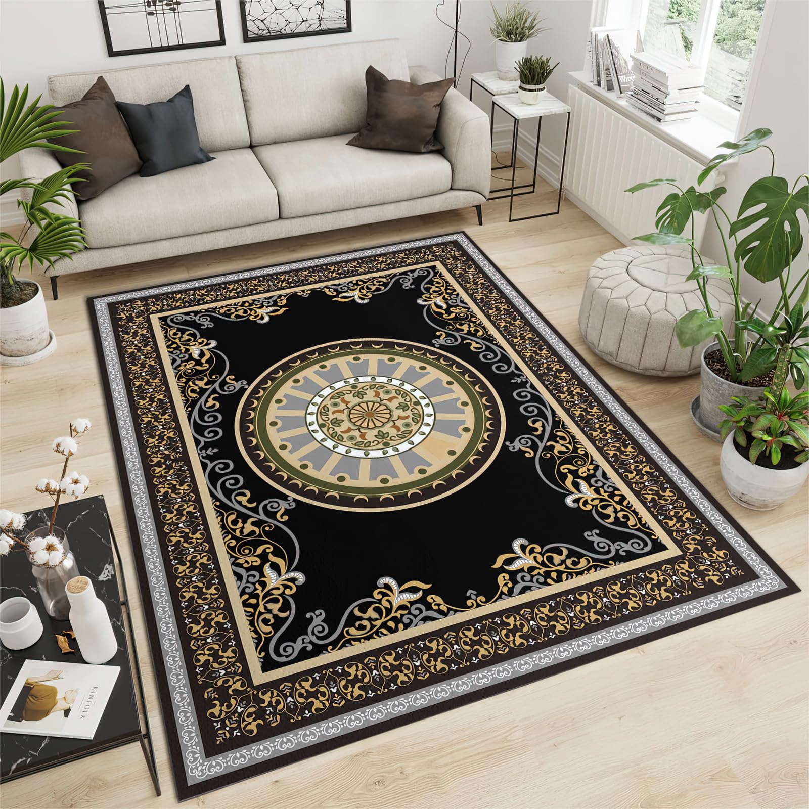Vintage Boho Art Area Rug, Classical Black Gold Geometry Pattern Indoor Non Slip Living Room Rugs, Machine Washable Breathable Durable Carpet for Sofa Mat Bedroom Home Decor - 2 ft x 6 ft
