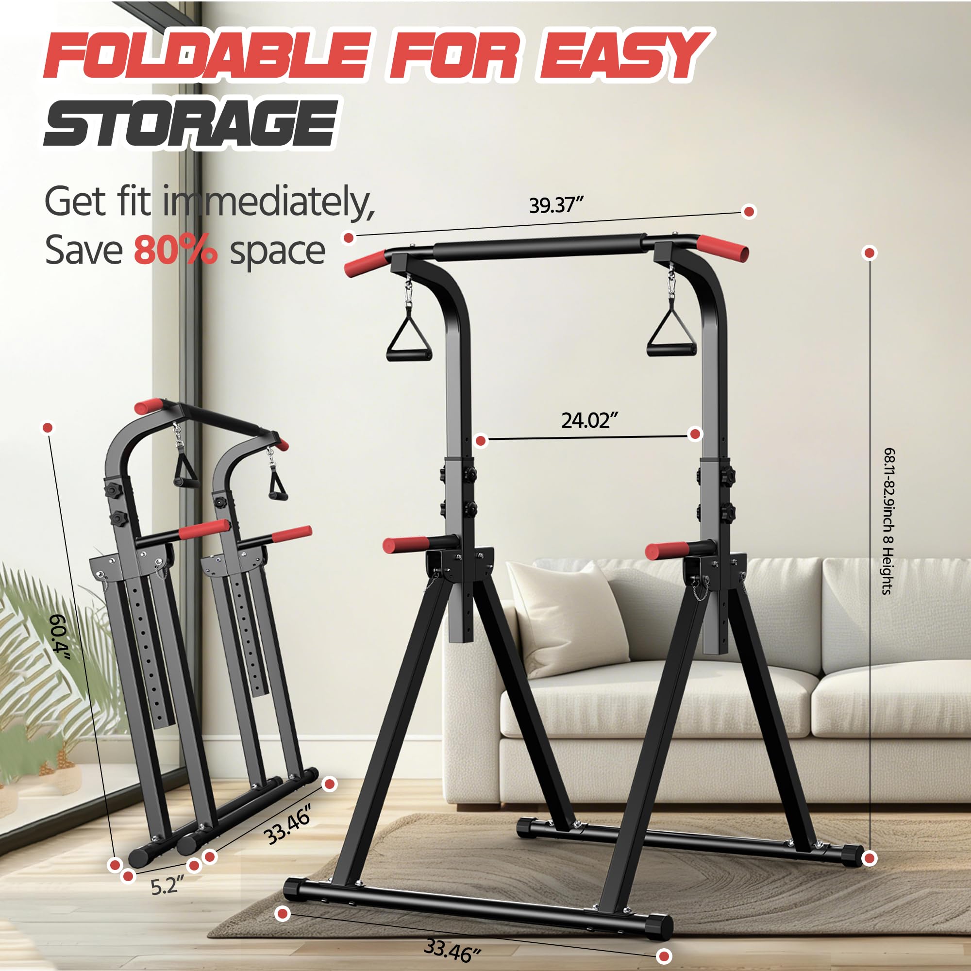 Faltbar Power Tower Dip Station, Klimmzugstange freistehend mit Aufhängering, Multifunktions Home Gym Trainingsgerät, Höhenverstellbar von 175-210cm,Home-Gym Belastbar 150kg