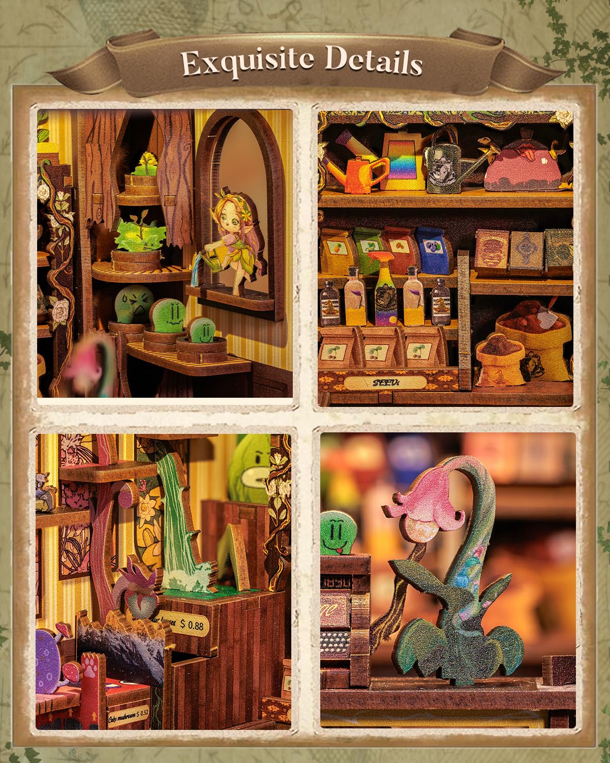 CUTEBEE Book Nook Kit - DIY Miniature House Kit for Beginners, Adults and Teens, Booknook Dollhouse Tiny House Bookshelf Decor 3D Wooden Puzzle Gifts for Family and Friends (Fantasy Plant Shop) 3