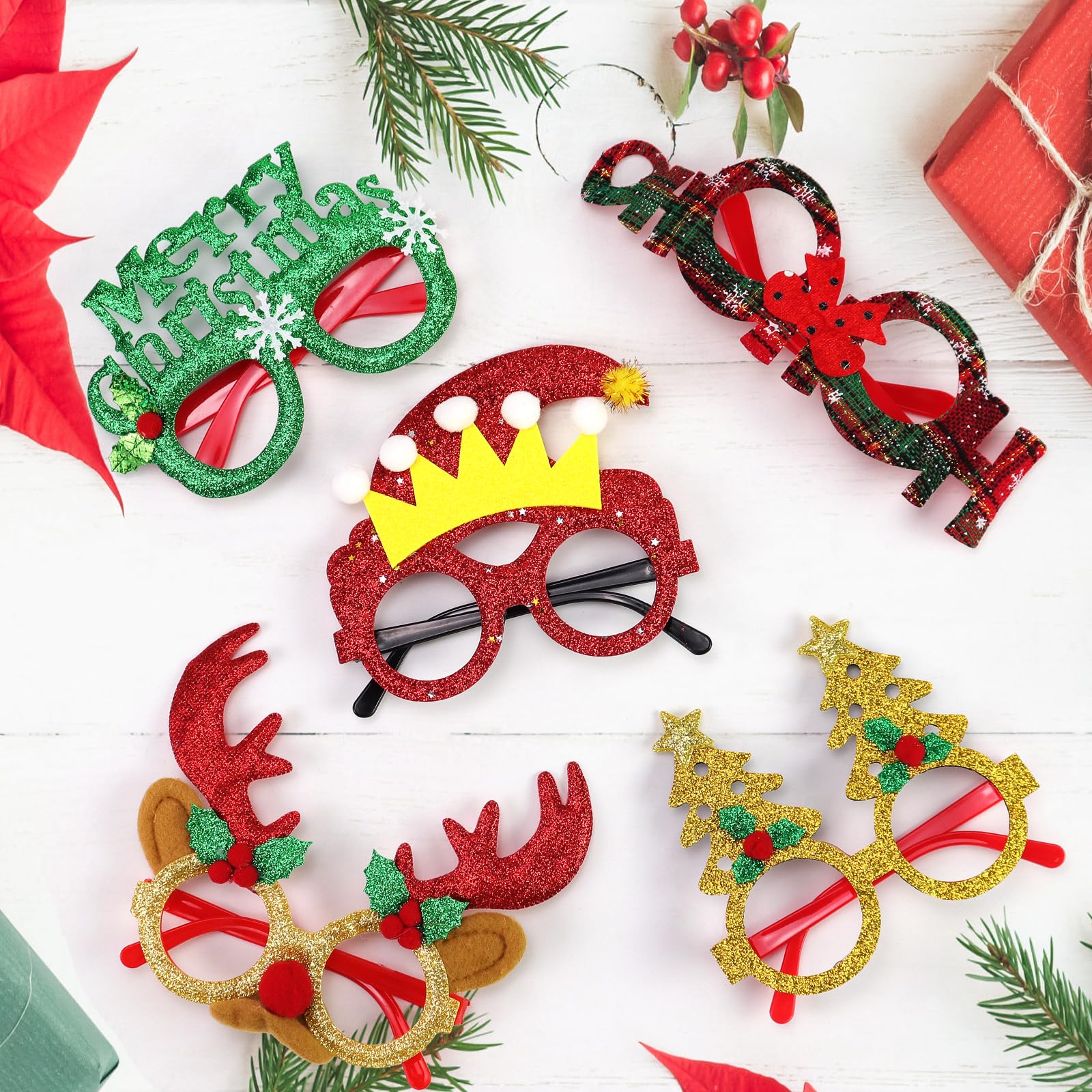 36 marcos de gafas de Navidad, lentes con purpurina para árbol de Navidad, Papá Noel, reno, accesorios divertidos de decoración de fiesta de Navidad para niños y adultos, accesorios de cabina de fotos