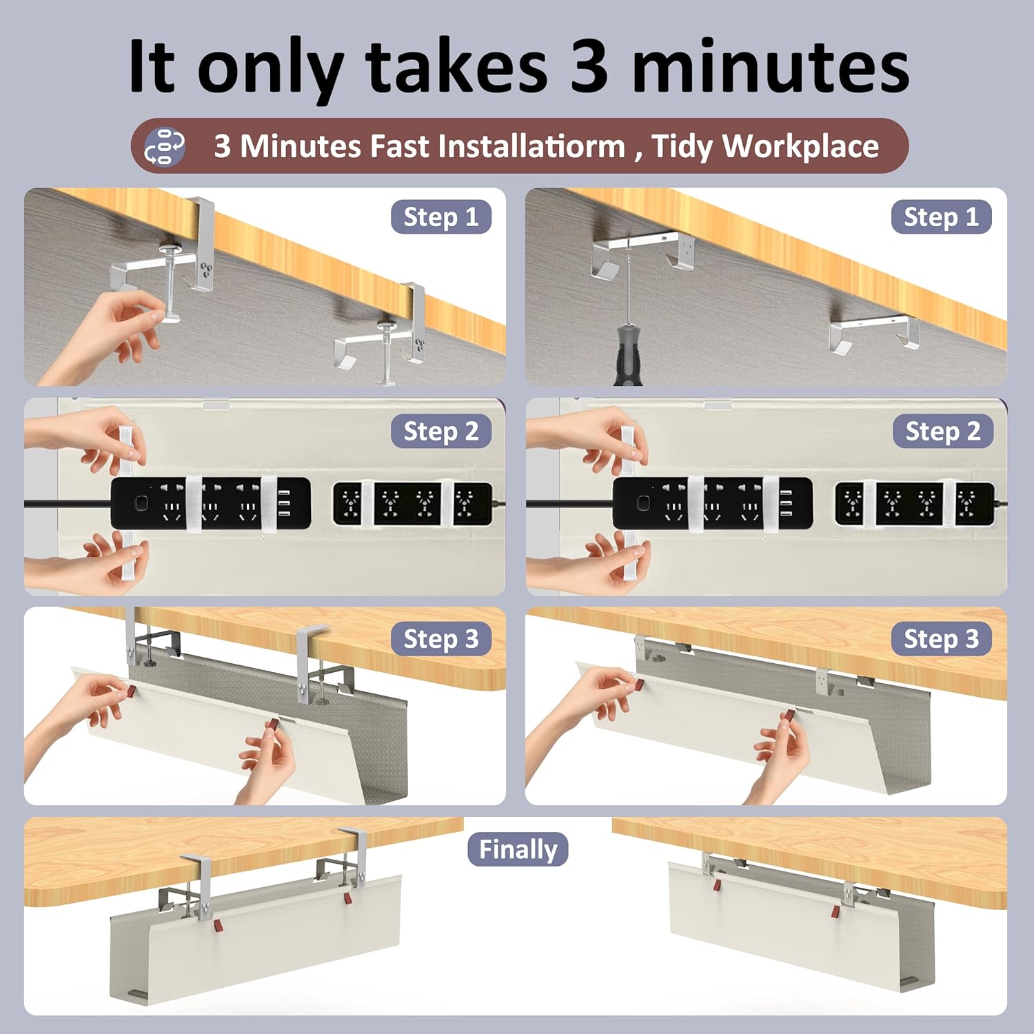 36" Under Desk Cable Management Tray for Home Office, No Drill Cord Organizer for Glass & Wood Table, Anti-Sag Oxford Fabric Wire Management Hider, Fits Surge Protector (Beige, 35.8")