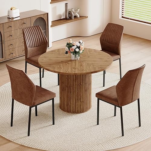 Juego de mesa de comedor redonda para mesa de comedor de madera acanalada de 4,42 pulgadas para 4 con pedestal cilíndrico, juego de mesa y sillas de
