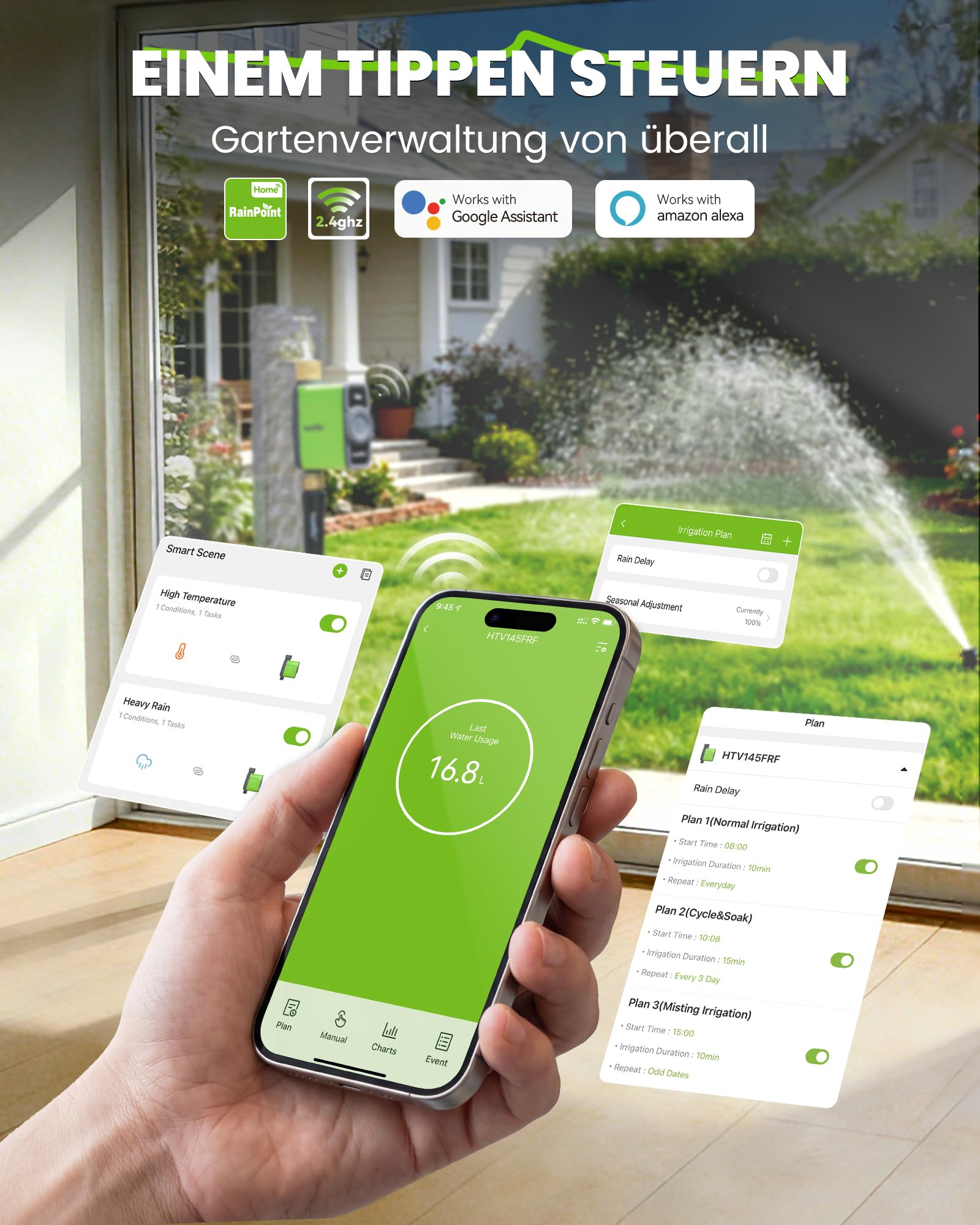 RAINPOINT Bewässerungscomputer WLAN mit Messing Einlass und Auslass, Smart Bewässerungssteuerung, APP/Sprachsteuerung, Wetterbasiert, Automatisches Bewässerung für Garten Rasen, 6 Zeitplänen