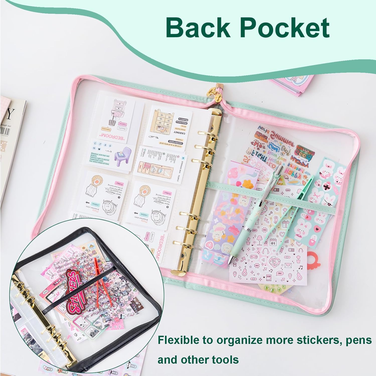 2pcs Sticker Collection Organizer Binder large capacity (65 sheet), PU leather clear sticker storage book album with zipper closure,double-sided Collecting for journal scrapbook planner (Black+Green)