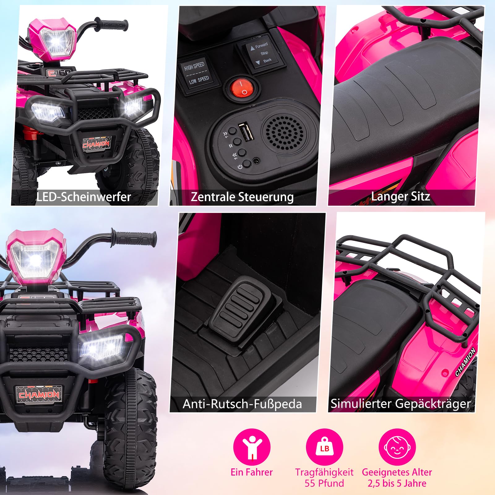 12V Elektro-Quad für Kinder – LED-Scheinwerfer, Musik, Vorwärts-/Rückwärtsgang, 4 Räder, 88x50x46cm, stabile Bauweise, Geschenkidee – Kinderfahrzeug ab 3-8 Jahre, Farbe: Rosa Rot