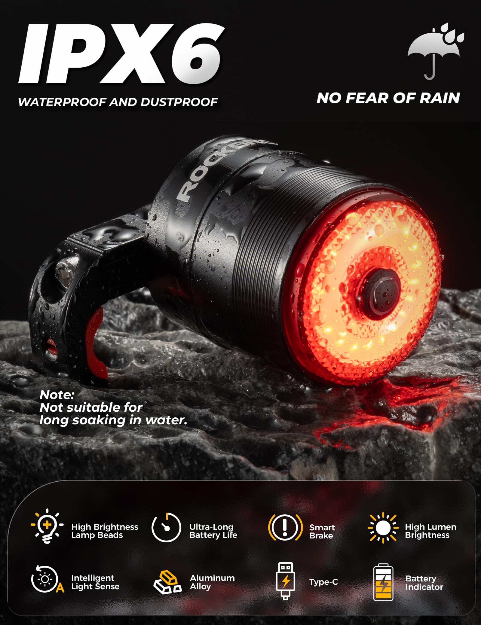 ROCKBROS Luz Trasera para Bicicleta con Sensor de Freno Vibración, Luz LED Inteligente Recargable USB, Impermeable IPX6 y 5 Modos, Brillante Roja para Ciclismo MTB, Bicicleta de Carretera