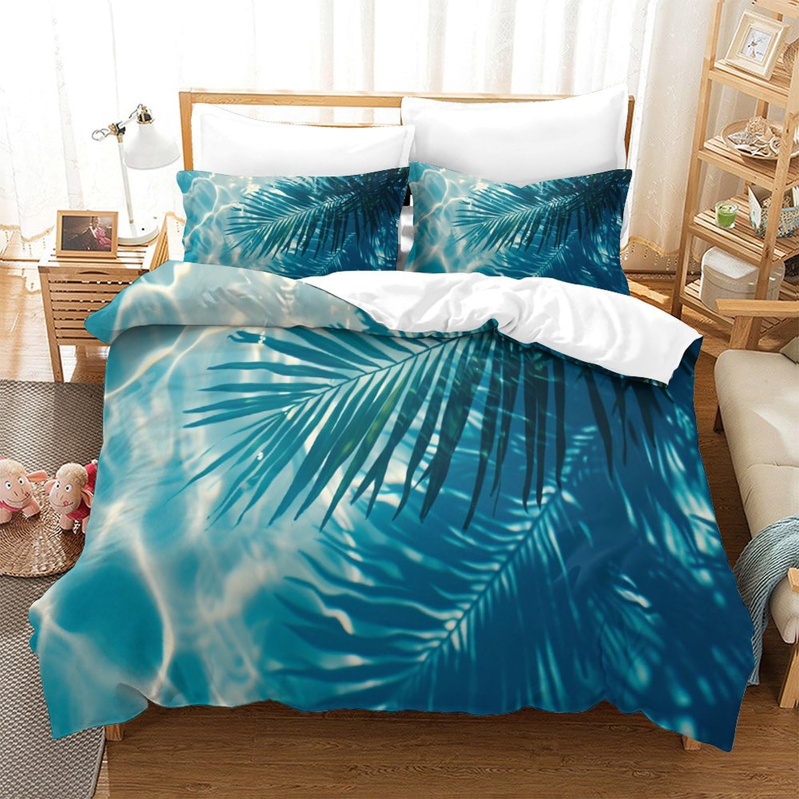 P1s9u7w5y Water Ripple-2 3D Printed Tropical Palm Leaf Duvet Cover Set 3Pcs Microfiber Palm Leaves Bedding Set Double（200X200cm）