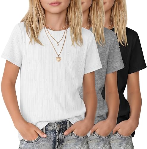 VhicPlevo 3 Pack Girls Cotton T-Shirts, 3-Color, 11-12 Years