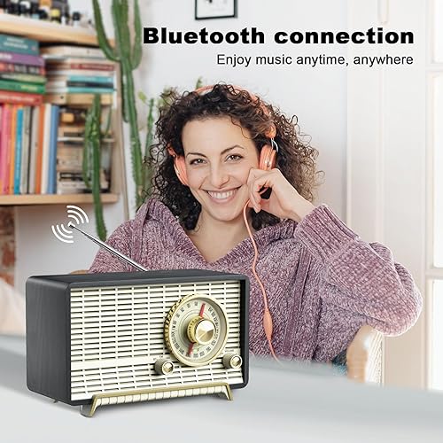 Miniatura 7 de YOWGUIF - Radio AM FM clásica retro de madera para mesa, altavoces Bluetooth, radios enchufables de pared con perilla giratoria, ideal para el hogar