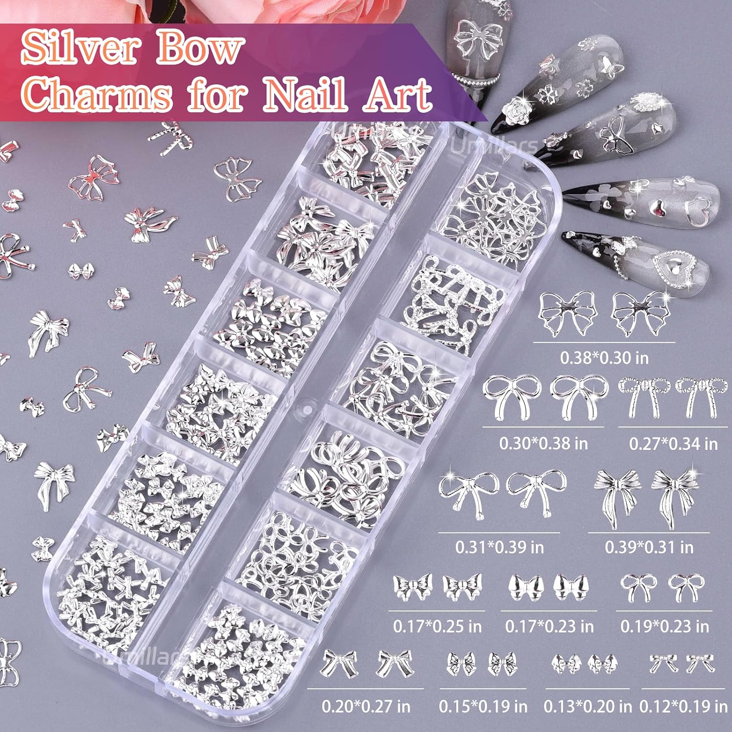 6 Boxes Silver Nail Charms with Nail Pearls, 3D Star Cross Nail Art Studs Metal Starburst Flower Heart Nail Decorations Y2K Gold Bow Charms Caviar Beads for Women Nails DIY at Home & Salon Supplies