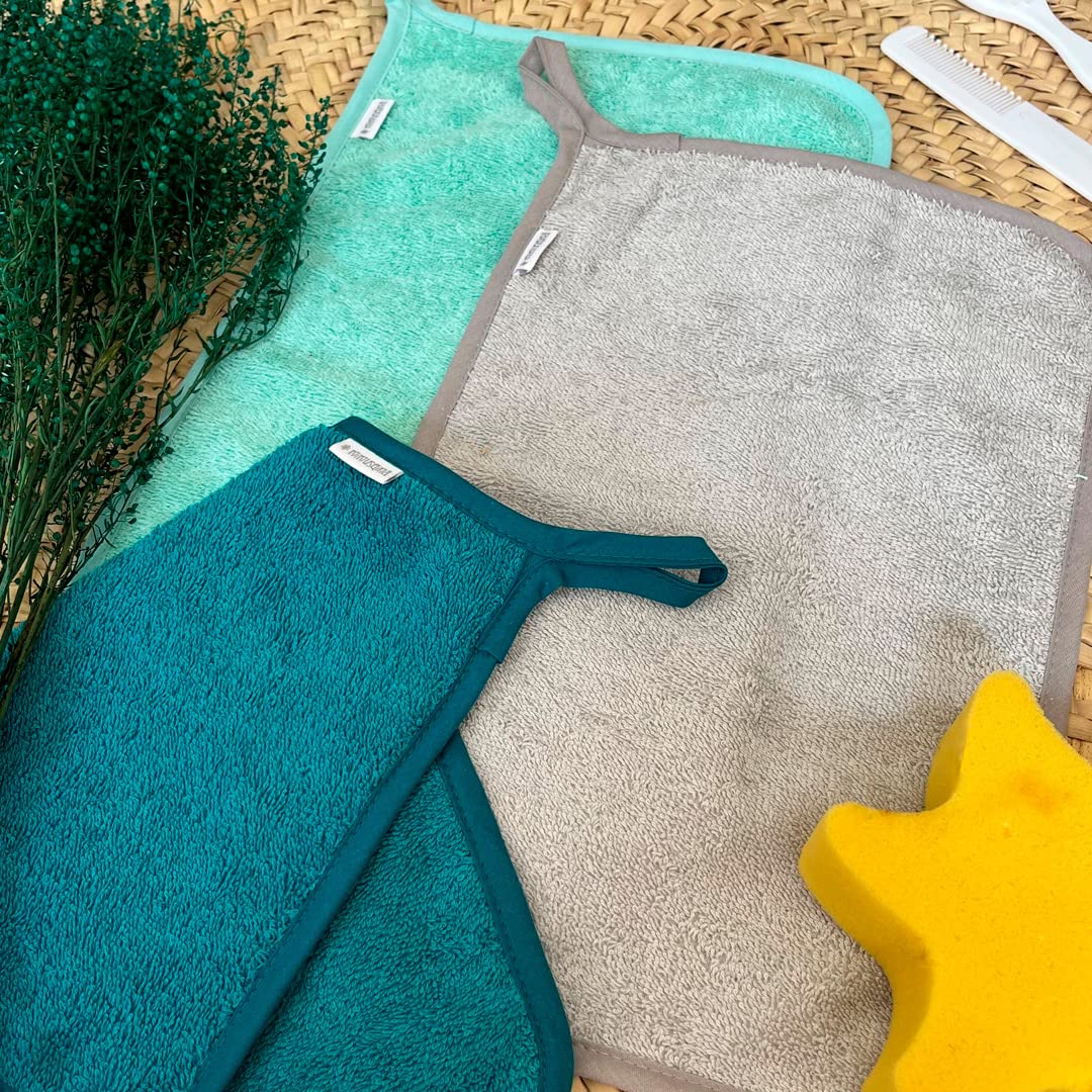 Asciugamani Bambini Asilo - Set 2 Pezzi, Cotone Spugna, 35x23 Cm, Con Gancio (Turchese/Grigio) - Foto 9