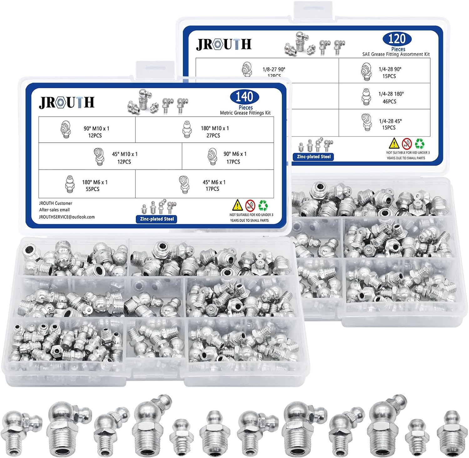 260Pcs SAE & Metric Grease Fittings Kits, Hydraulic Grease Zerks Assortment Standard with 1/4", 1/8" M6 M10 Straight, 90 Degree, 45 Degree Angled