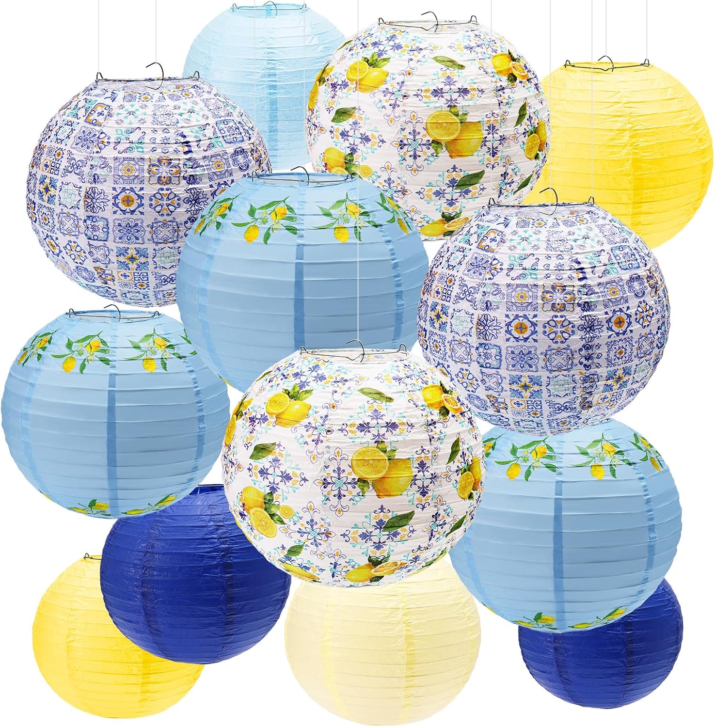 16 Pcs Amalfi Coast Paper Lanterns Party Decorations, 10'' Capri Lemon Pattern Lantern for Mediterranean Bridal Wedding Baby Shower, Italian Positano Themed Birthday Party Supplies Lemon Summer Decors