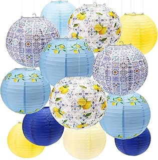 16 Pcs Amalfi Coast Paper Lanterns Party Decorations, 10'' Capri Lemon Pattern Lantern for Mediterranean Bridal Wedding Baby Shower, Italian Positano Themed Birthday Party Supplies Lemon Summer Decors