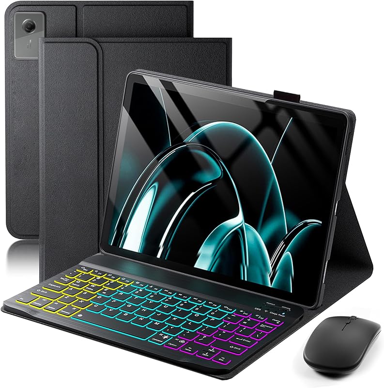 Case with Keyboard for 2025 Lenovo Idea Tab Plus 12.1 Inch/Lenovo Tab K12 - Rainbow Backlit Detachable Cover with Mouse (TB361FU/TB361ZU) - Black