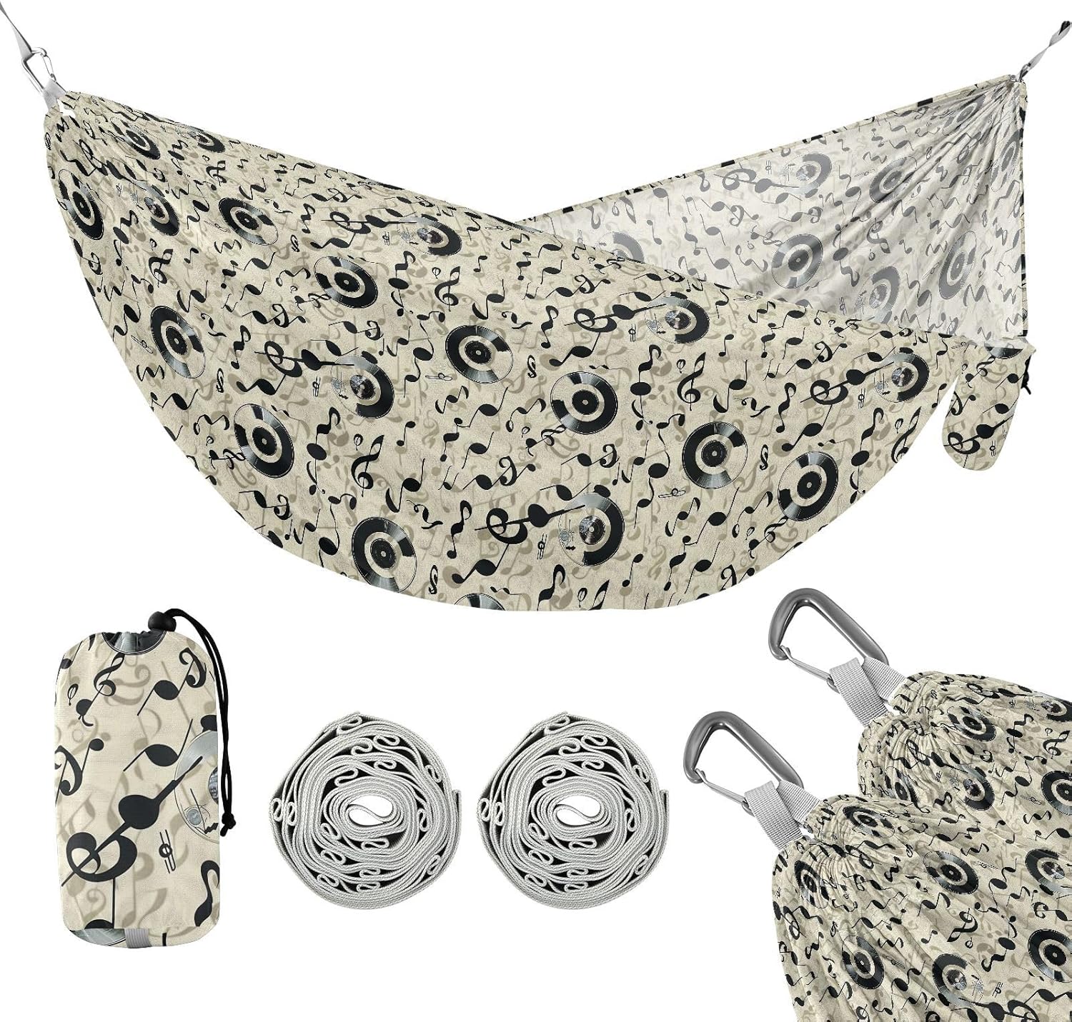 ALAZA Music Notes Record Camping Hammocks Single or 2 Person 500 lbs Portable Parachute Travel Hammock w/Tree Straps for Hiking Backpacking Indoor Outdoor