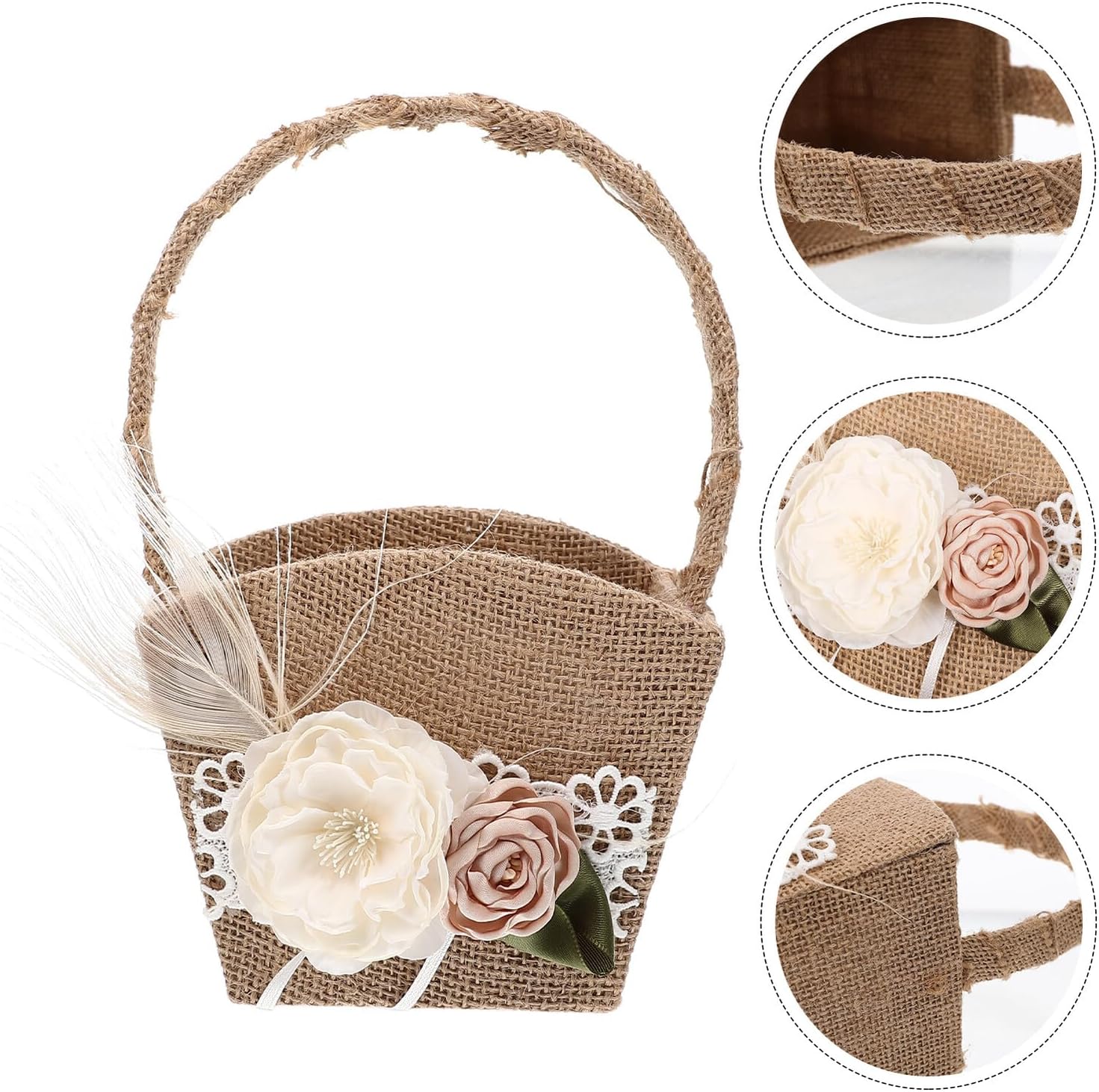 Garneck Wedding Flower Girl Basket Rustic Linen with Feather Bow Decorative Basket for Wedding Ceremony Flower Petal Holder Event Supplies