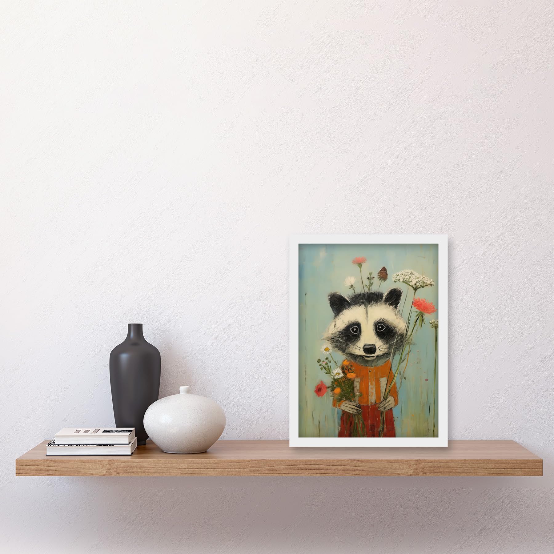 Artery8 Cute Racoon Picking Wildflowers for a Spring Bouquet Oil Painting Amber Orange Baby Blue Kids Bedroom Artwork Framed Wall Art Print A4 - Image 2