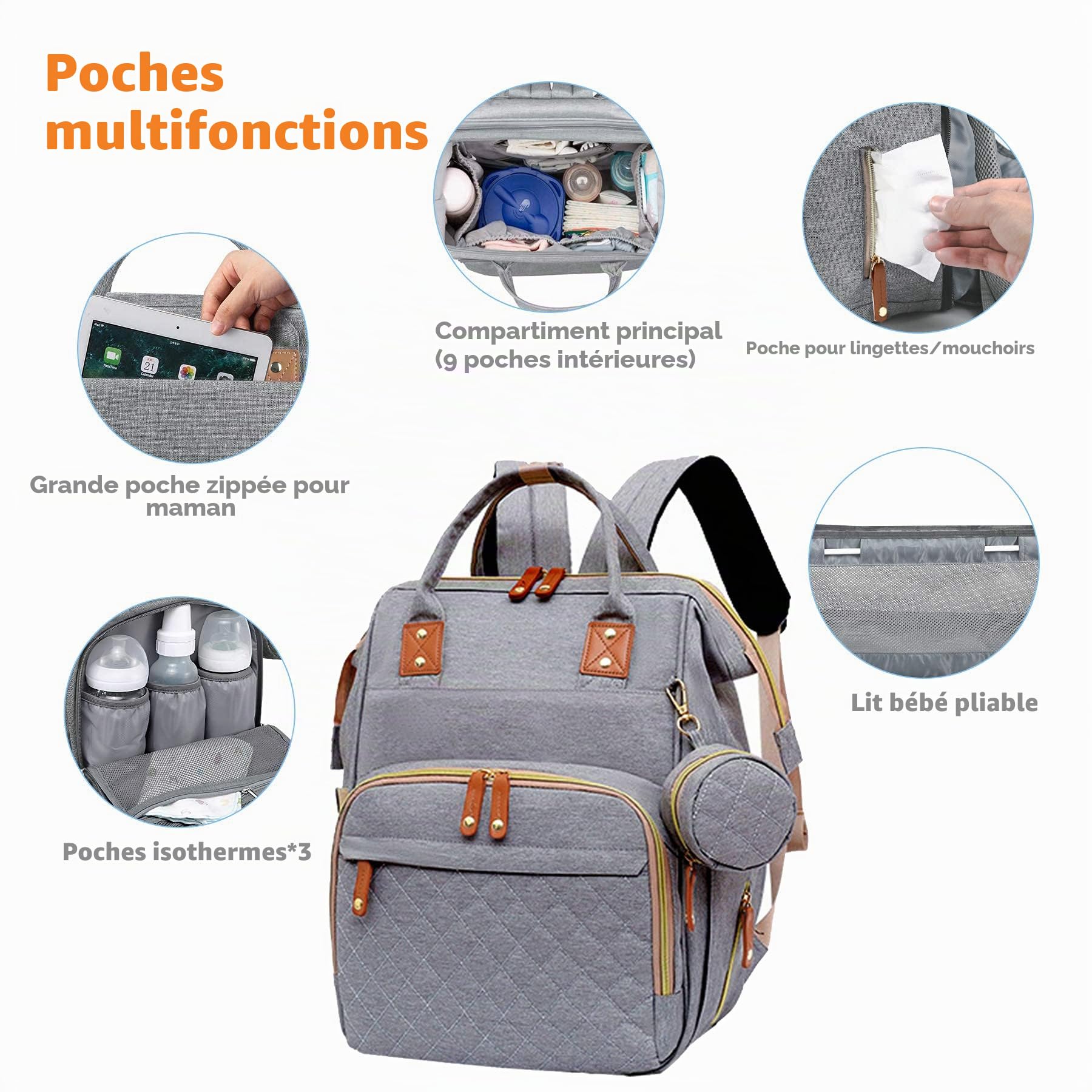 Sac à Dos à Langer pour Bébé, Sac à Dos Pour lit bébé, Sac à langer de voyage portable avec lit pliable Grande Capacité Sac à Couches Multifonction Imperméable-(Gris)