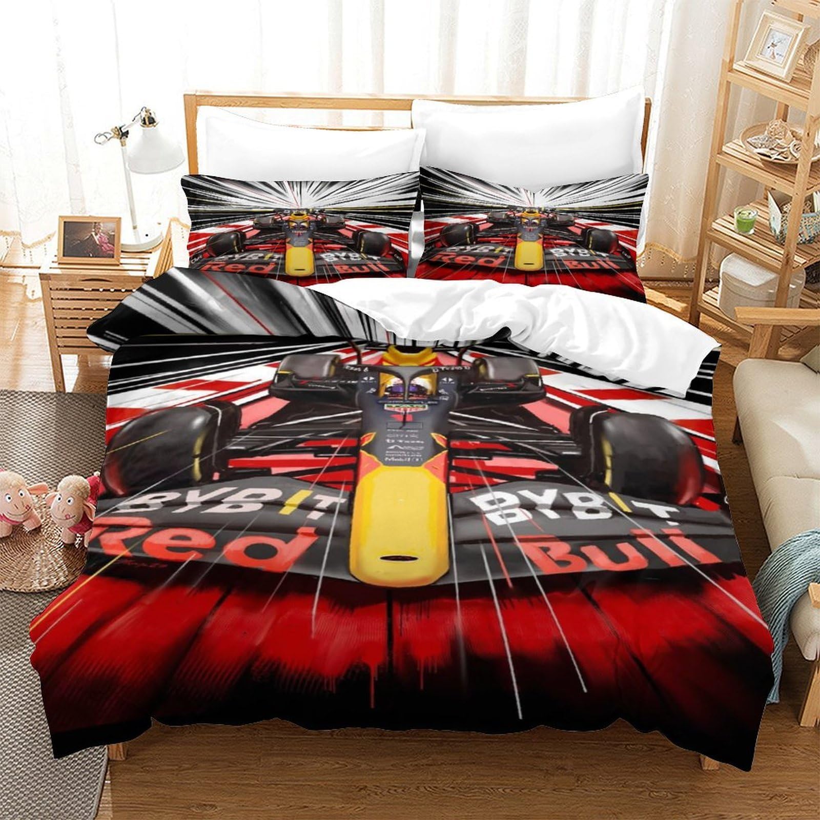 QDZHCPMYK F1 Racing Duvet Cover Set 3 PCS Hotel Quality Quilt Cover Bed Sets Bed Covers with Pillowcases with Zipper Closure Ultra Soft Hypoallergenic Microfiber Double（200x200cm）