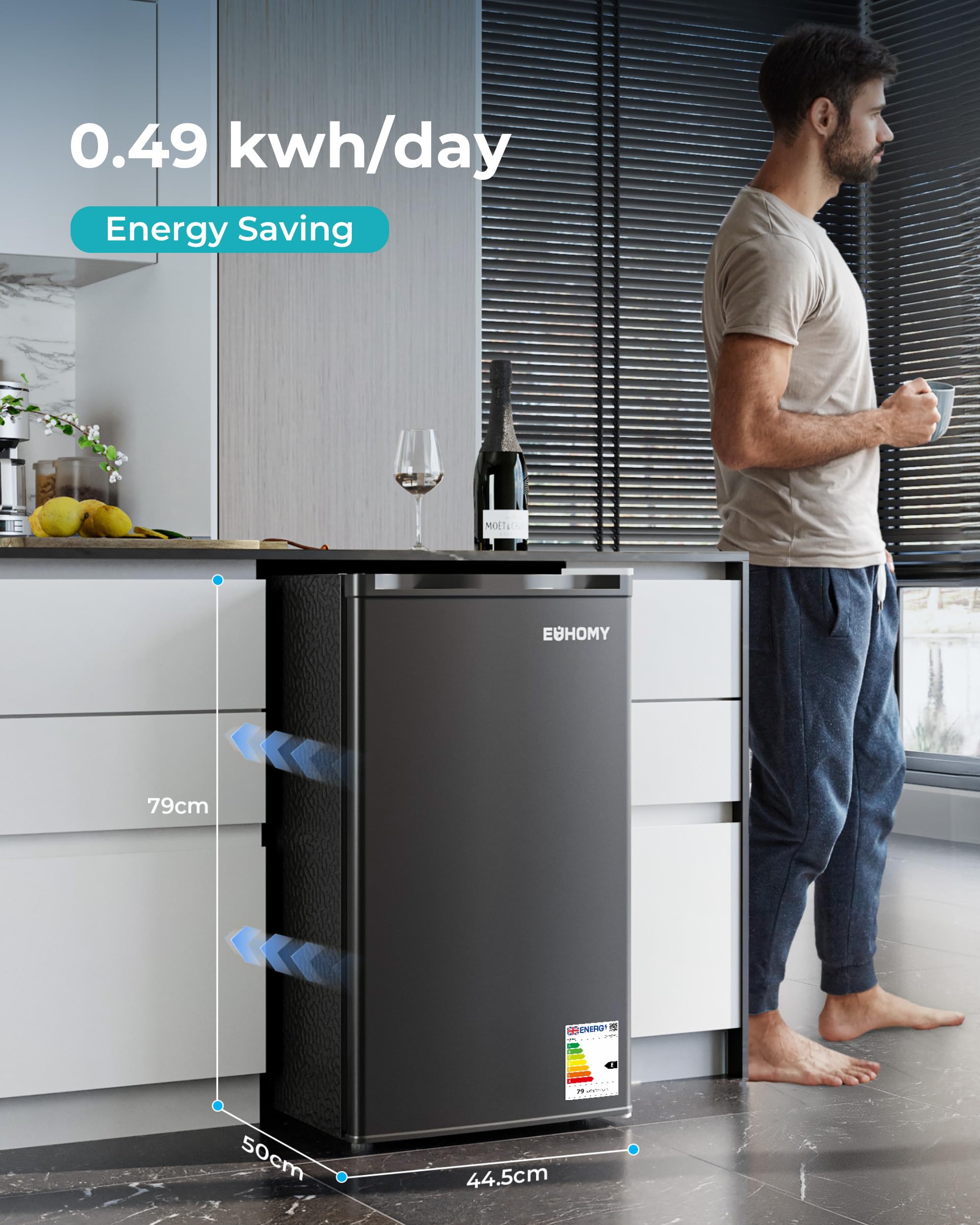 EUHOMY 93L Under Counter Fridge, Small Fridge Freezer with 7-Stage Thermostat, 38dB Ultra-Quiet Undercounter Mini Fridge, 82L Refrigerators & 8L Freezer for Dorm/Office/Bedroom, Black [Energy Class E] — view 2