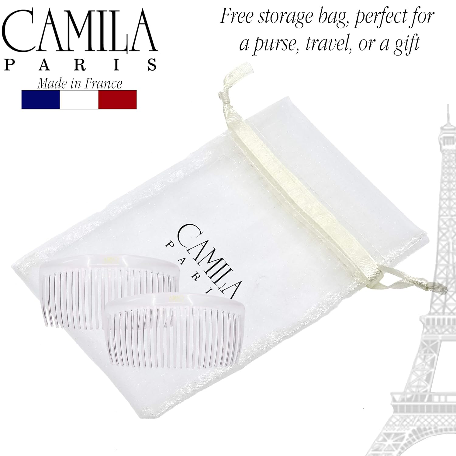 Camila Paris CP2911 French Side Combs Large Curved, Clear French Twist Hair Combs Decorative, Strong Hold Hair Clips for Women Bun Chignon Up-Do, No Slip Styling Girls Hair Accessories, Made in France - Image 5