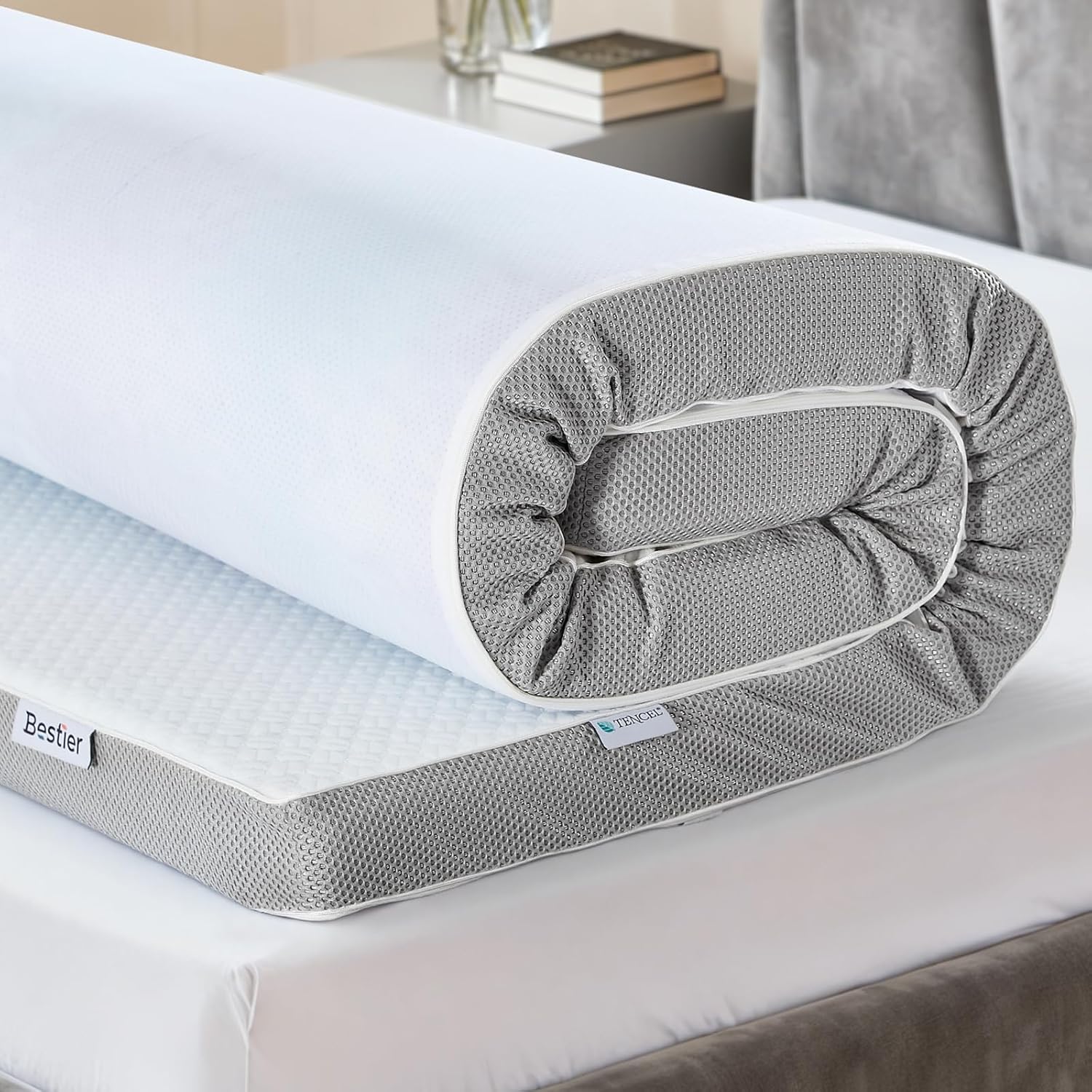 bestier gel memory foam mattress topper - tencel ice silk mattress topper - plush feel - mattress pad with naturally cooling and pressure relief - twin xl size, 4 inch white (4 inch) twin xl