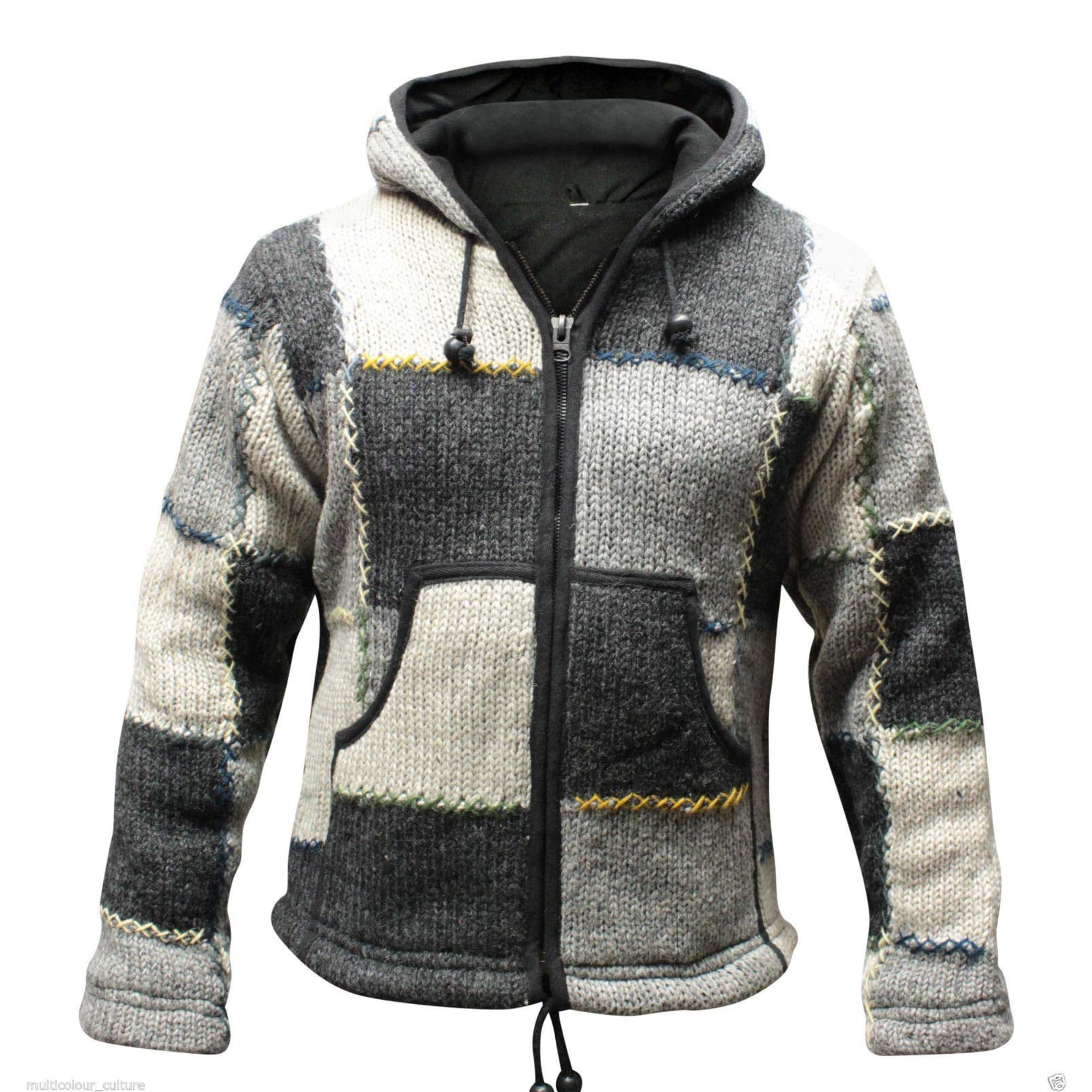 SHOPOHOLIC FASHIONPatchwork Hooded Fleece Jacket, Double knitted Wool Long Sleeve Zip Hoodie Jumper for Men