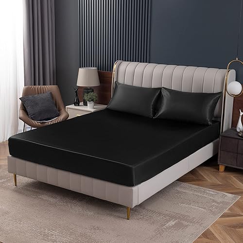Miniatura 9 de Homiest Sábana bajera ajustable de satén negro tamaño matrimonial con bolsillo profundo de lujo y ultra suave, sábanas de una sola parte inferior se