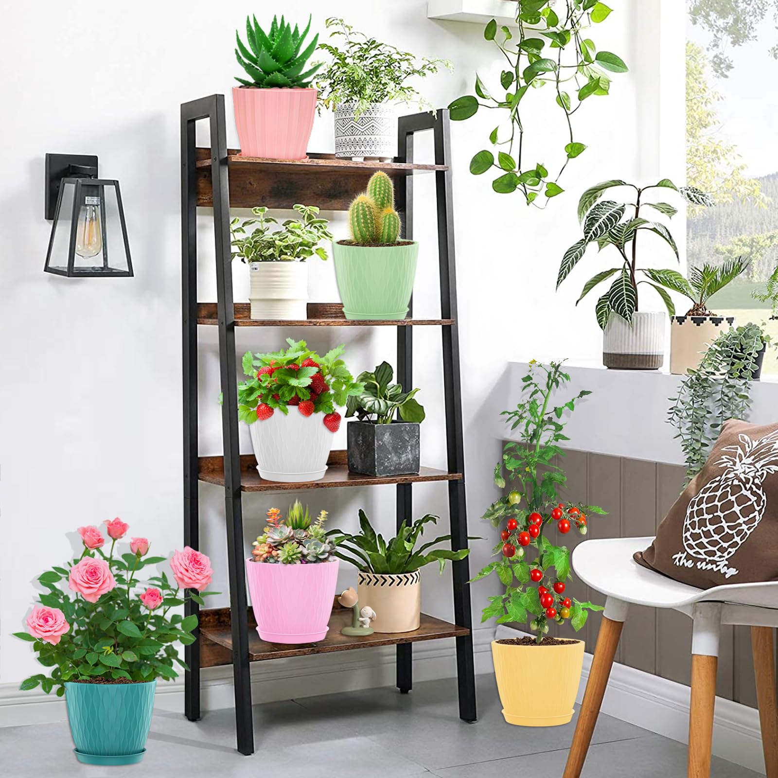 Macetas de 6 pulgadas para plantas con agujeros de drenaje y platillo, paquete de 5 macetas de plástico para plantas de interior para plantas al aire libre, decoración del hogar, macetas de