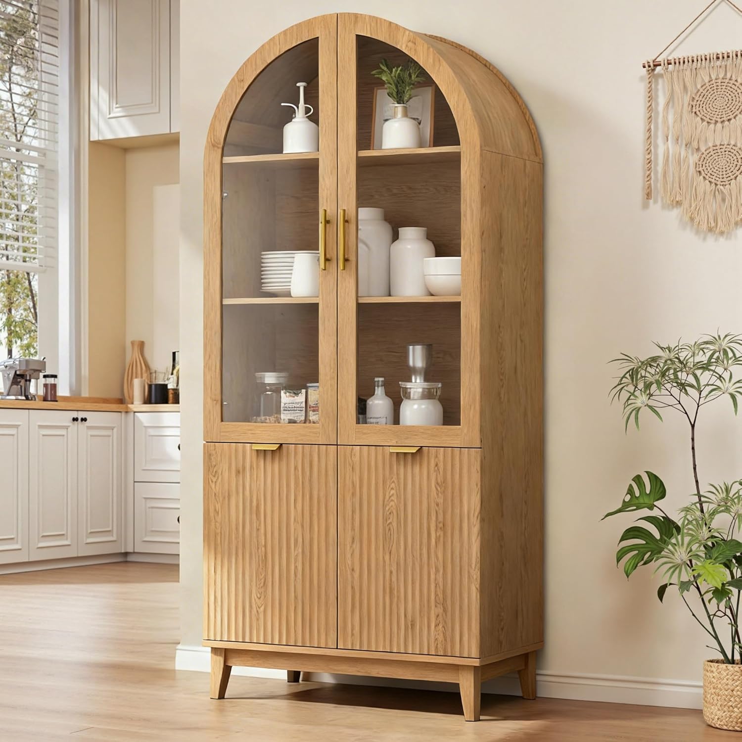 Pamapic 71" Tall Arched Fluted Pantry Cabinet with Glass Doors & Adjustable Shelves - Natural Wood Storage for Kitchen & Living Room