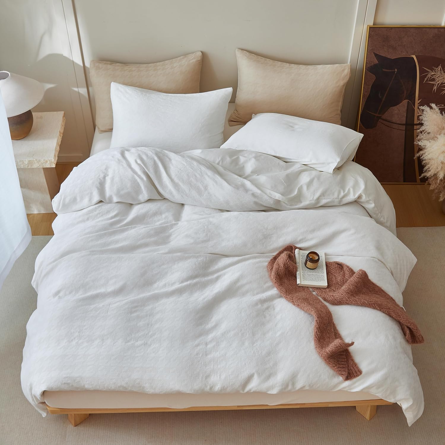 BISELINA 100% Cotton Waffle Weave Duvet Cover Set – Houndstooth Pattern, Soft & Lightweight Farmhouse Bedding, Breathable for All Seasons, 2PCS (1 Duvet Cover & 1 Pillow Shams) – White, Twin Size