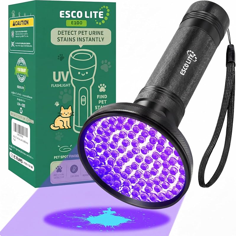 Lanterna UV para Detectar Urina de Gatos e Cães ESCO LITE, 100 LEDs, 395 nm, Preta