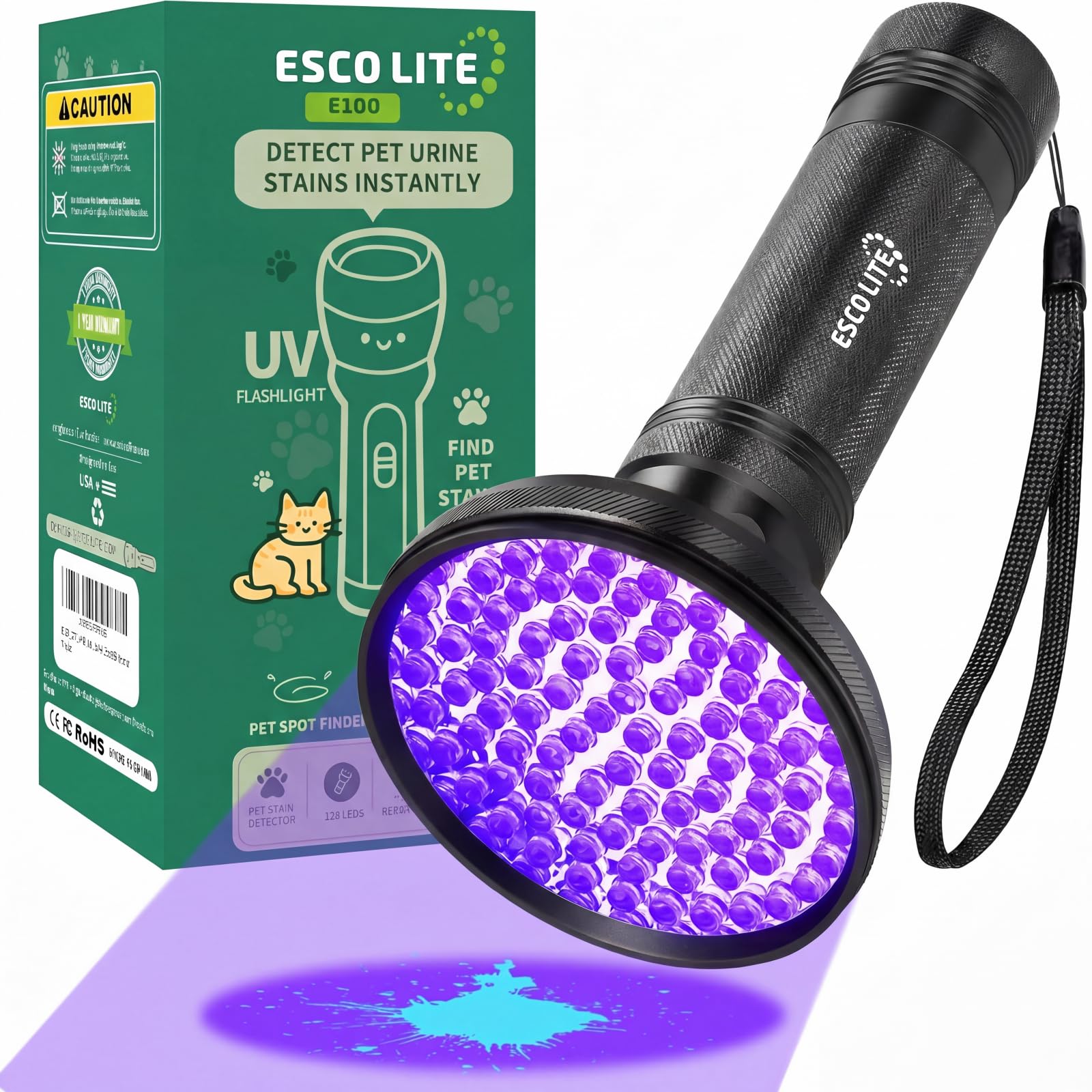ESCO LITE Latarka UV, czarne światło, 100 diod LED, 395 nM, ultrafioletowe, detektor czarnego światła UV, do moczu psa, plam zwierząt domowych i pluskiew, dopasowana do eliminatora zapachów zwierząt